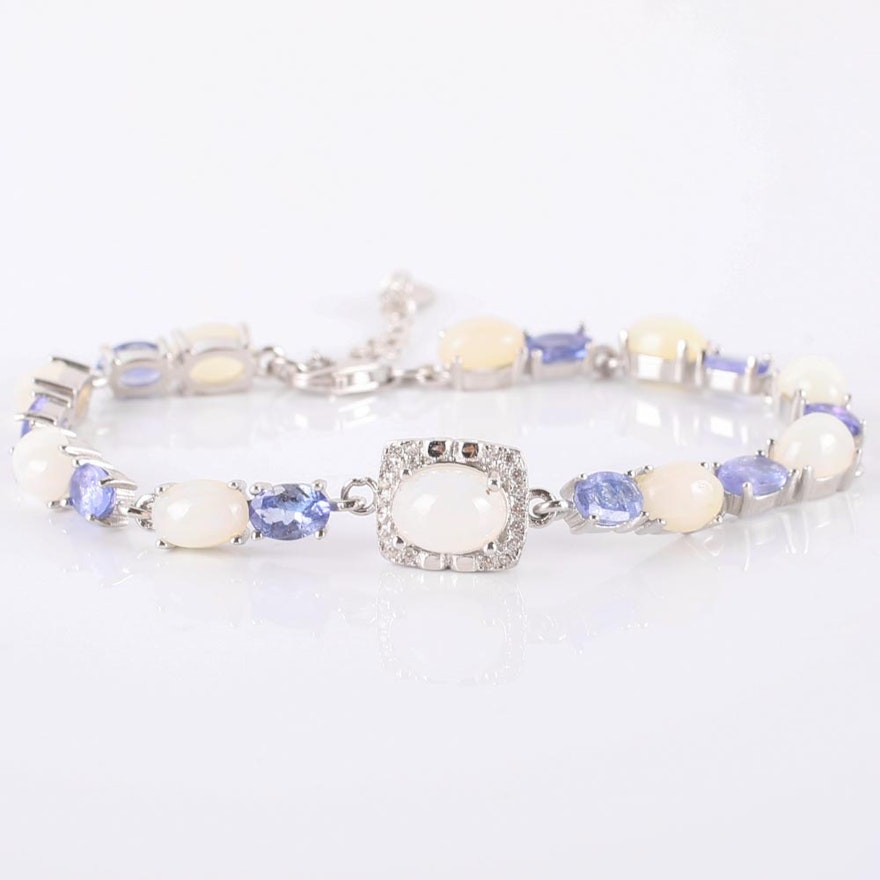 Sterling Silver Opal, Tanzanite, and Cubic Zirconia Bracelet