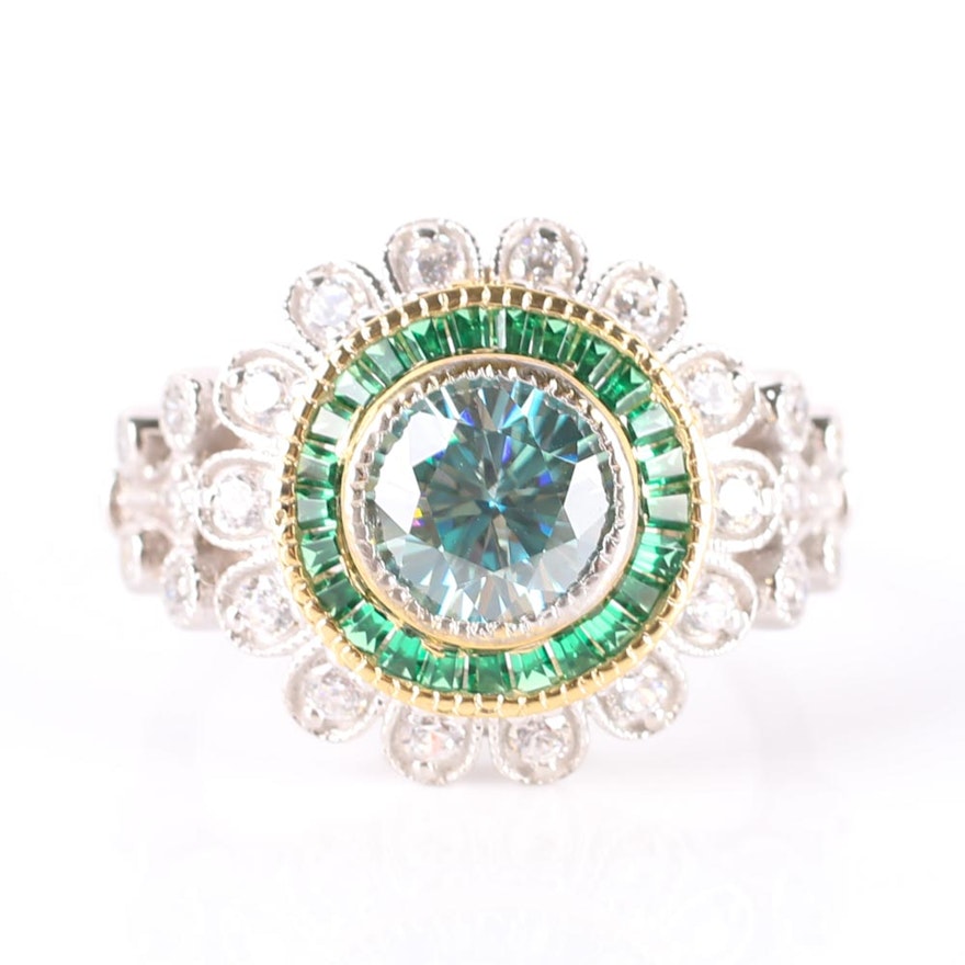 Sterling Silver Moissanite, Simulated Green Stone and Cubic Zirconia Ring
