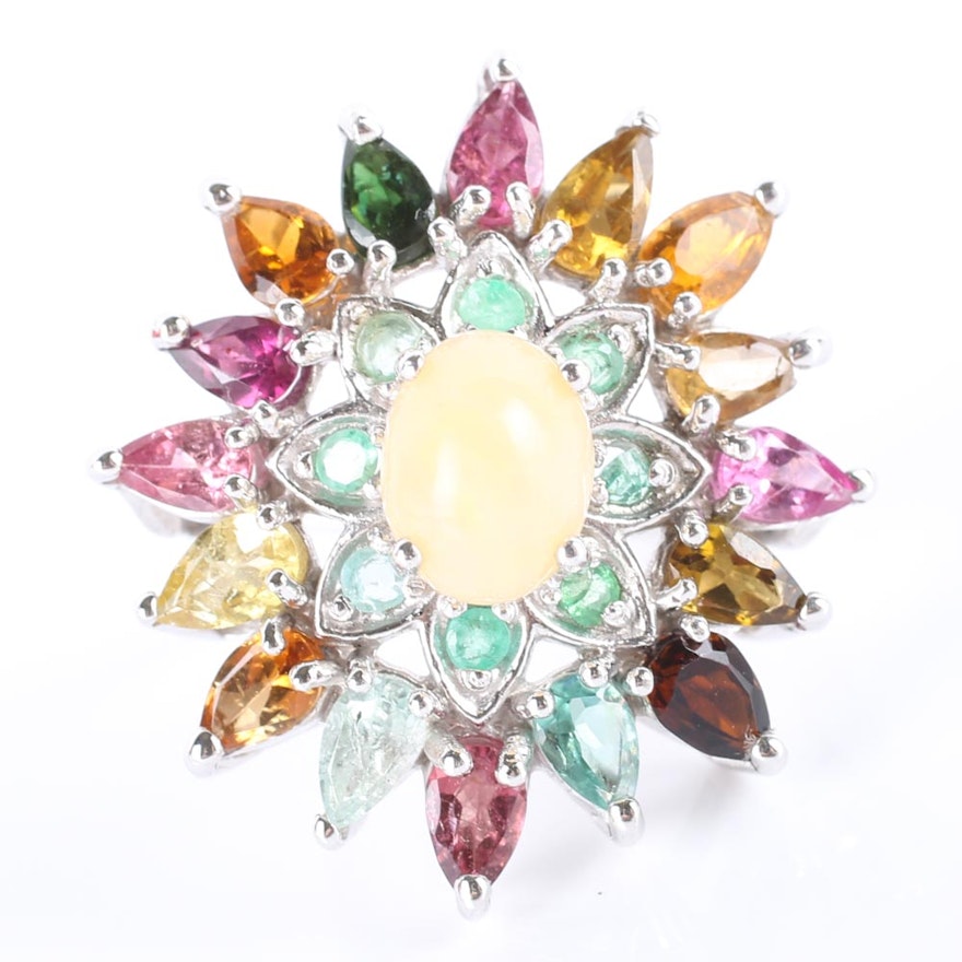 Sterling Silver Multi-Colored Tourmaline, Opal and Emerald Ring