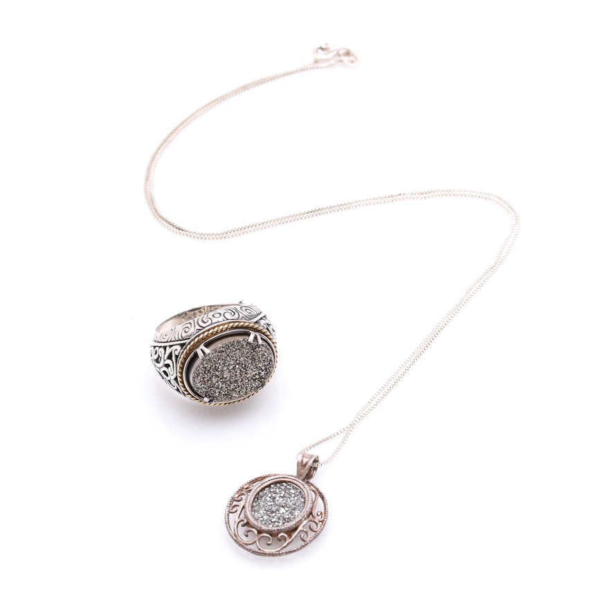 Sterling Silver Necklace and Ring With Coated Druzy Quartz