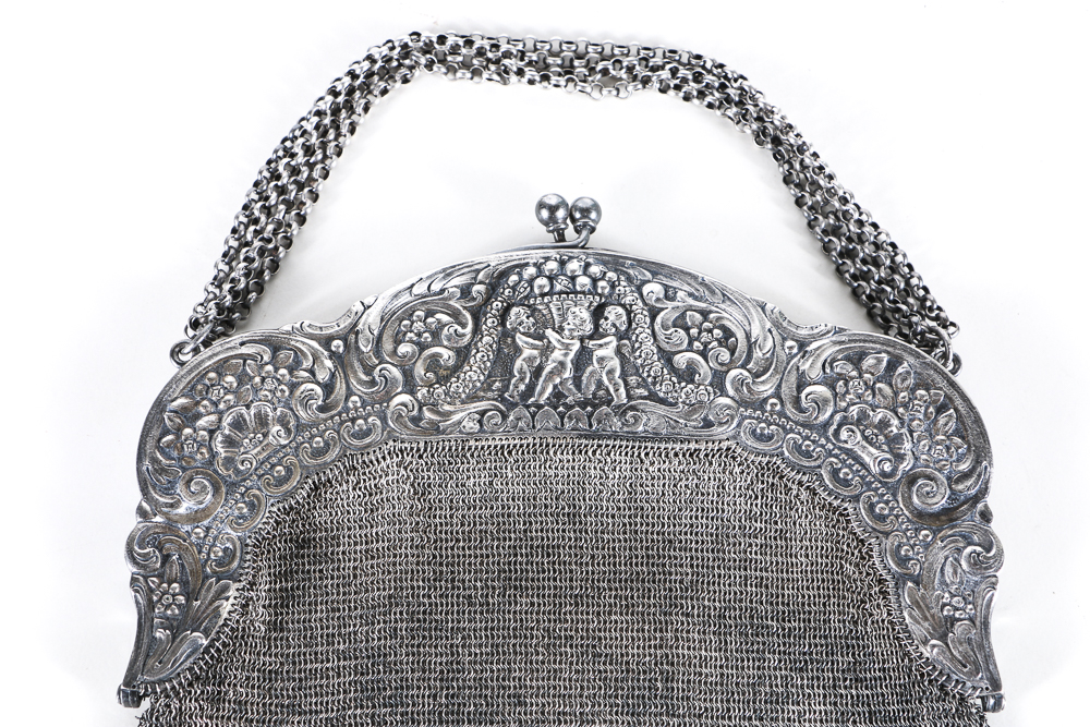 19th Century German Repoussé 800 Silver Mesh Handbag