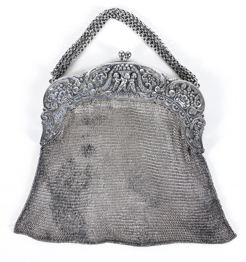 19th Century German Repoussé 800 Silver Mesh Handbag