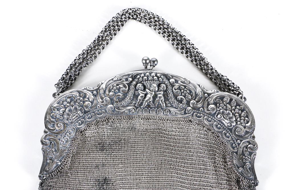 19th Century German Repoussé 800 Silver Mesh Handbag