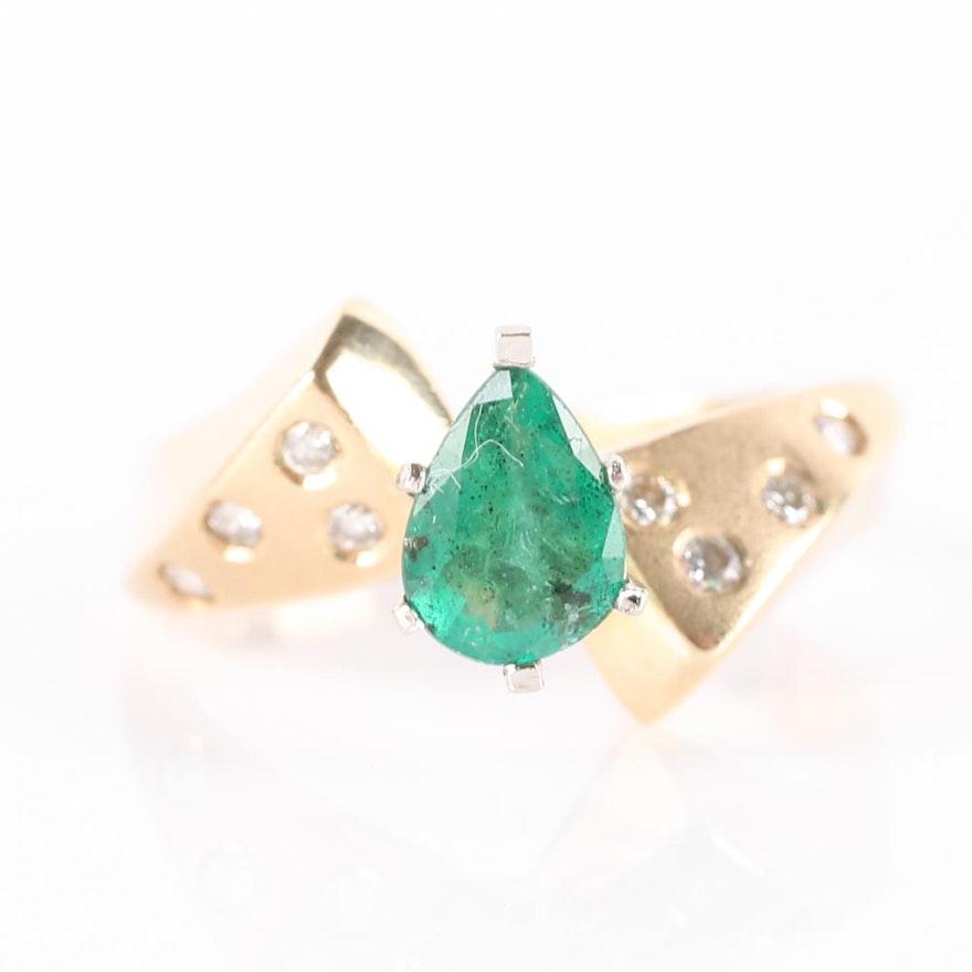 14K Yellow Gold Emerald and Diamond Bypass Ring