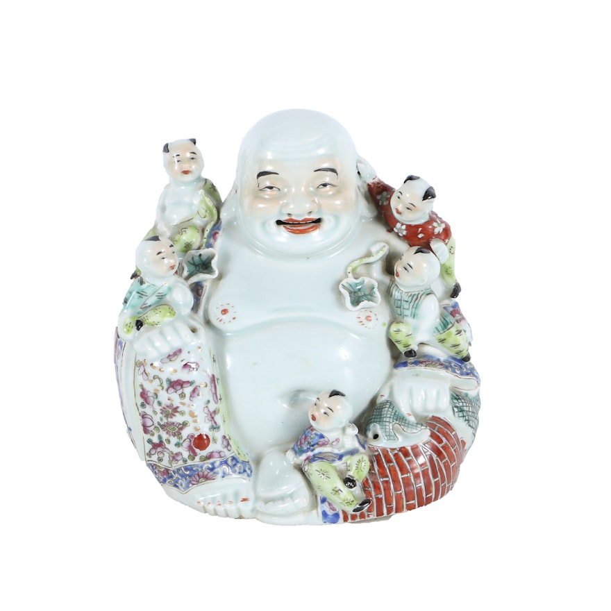 Budai with Five Babies Porcelain Figure