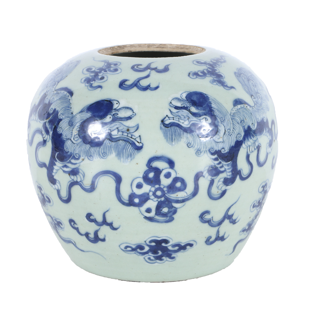 19th Century Blue and White Chinese Ginger Jar with Lions