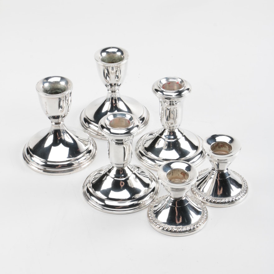 Three Pairs of Weighted Sterling Candleholders Featuring Preisner