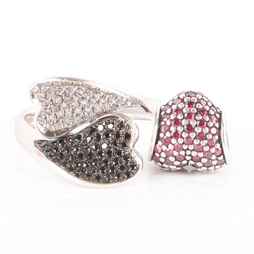 Sterling Silver Black and Colorless Crystal Heart Ring and Red Crystal Heart Charm