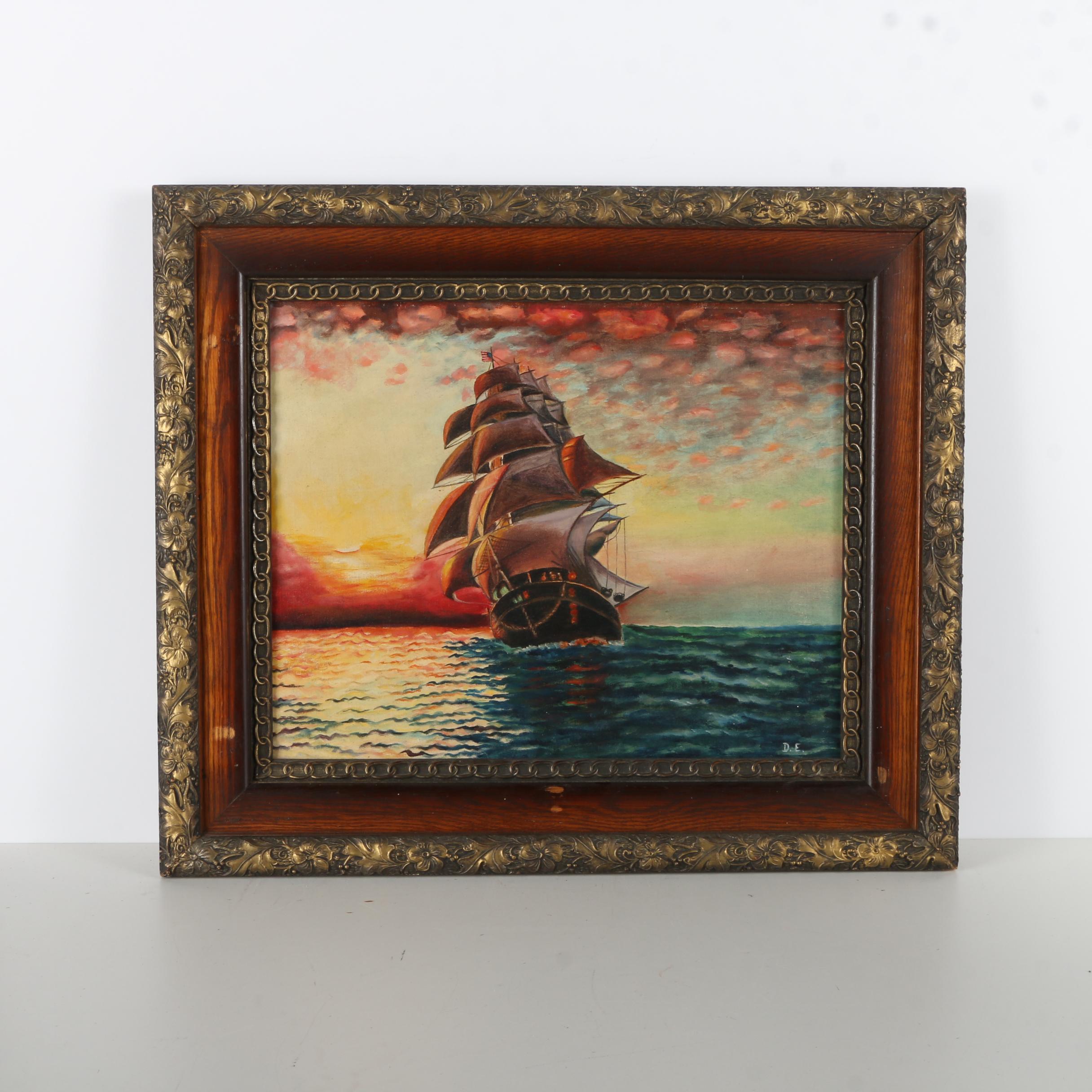 D.E. Acrylic Painting on Canvas Board of Twilight Maritime Landscape