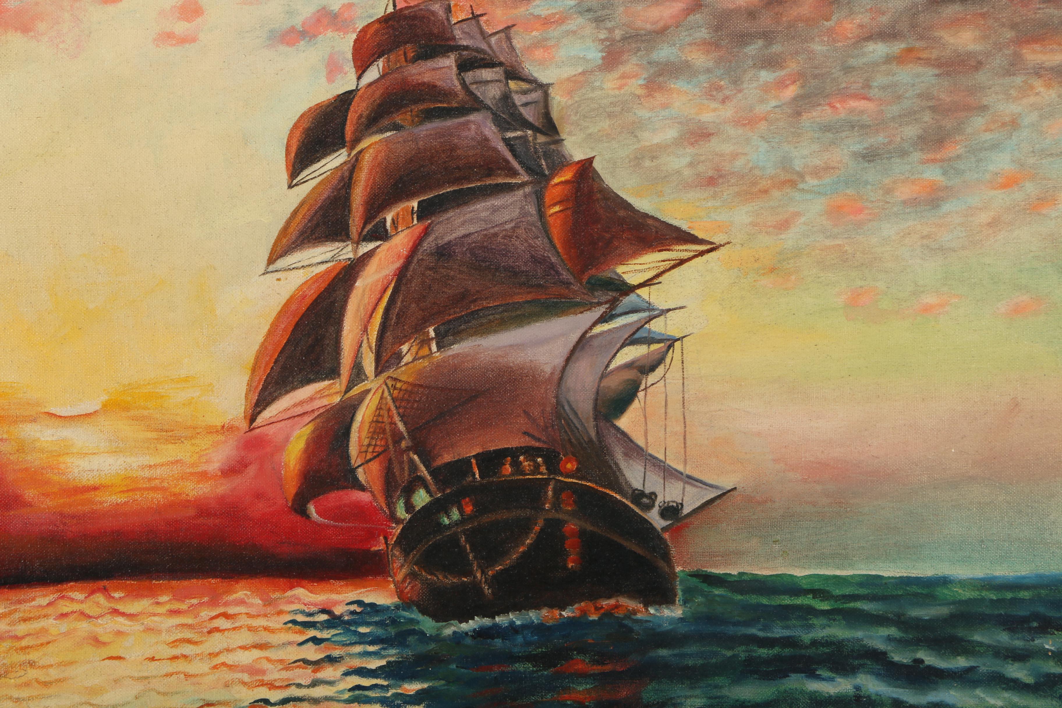 D.E. Acrylic Painting on Canvas Board of Twilight Maritime Landscape