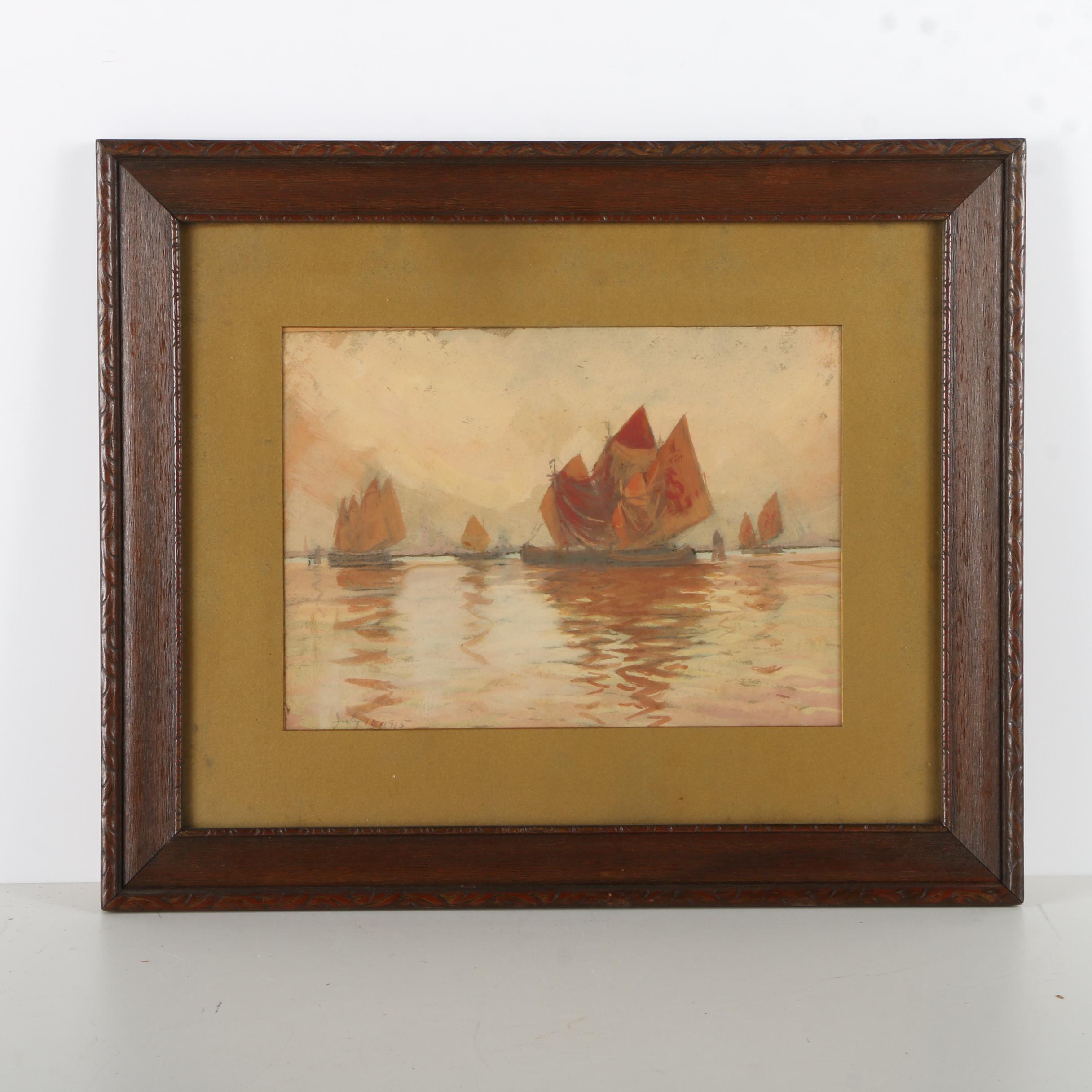 1915 Maritime Landscape Gouache Painting on Paper of Junk Ships at Twilight