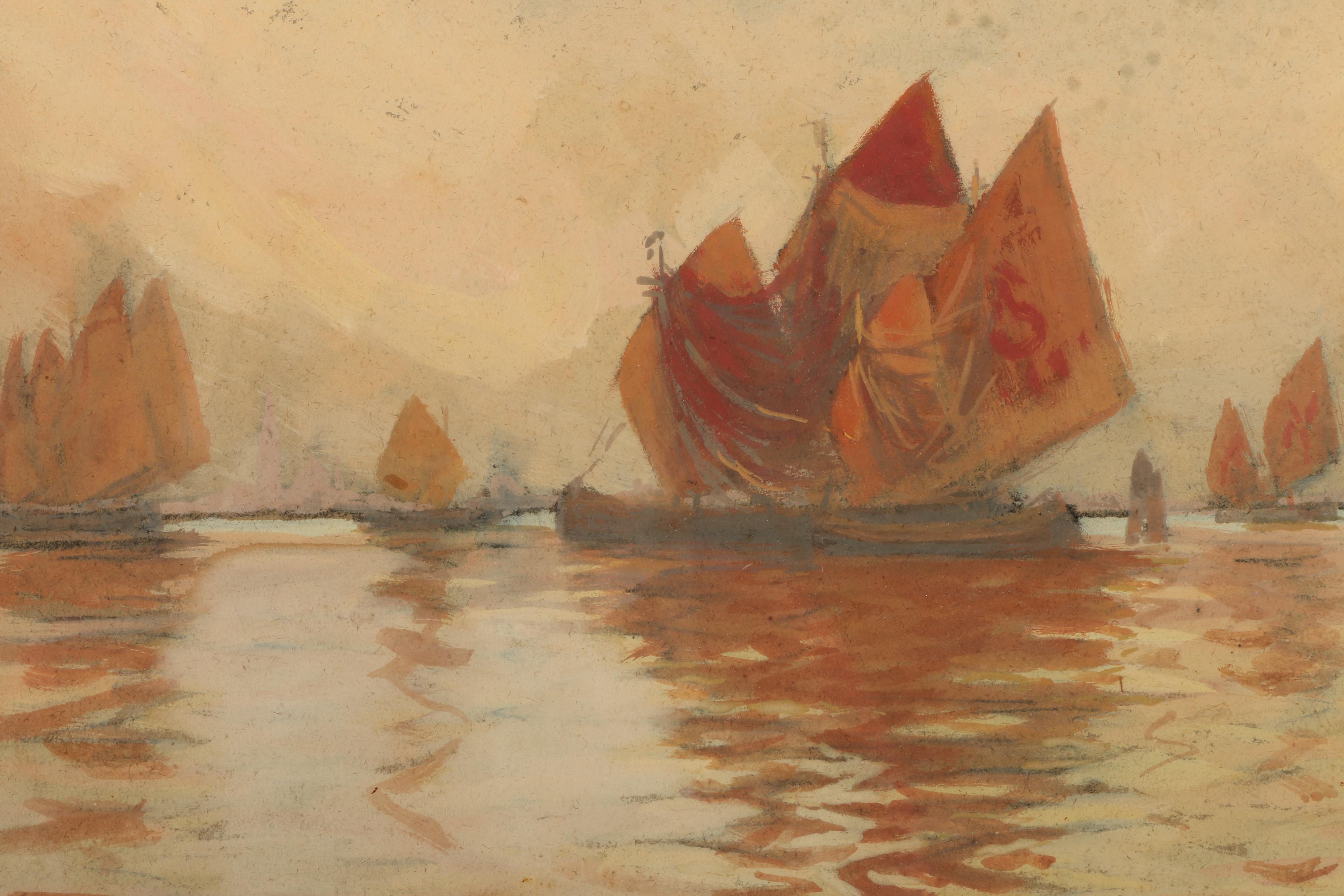 1915 Maritime Landscape Gouache Painting on Paper of Junk Ships at Twilight
