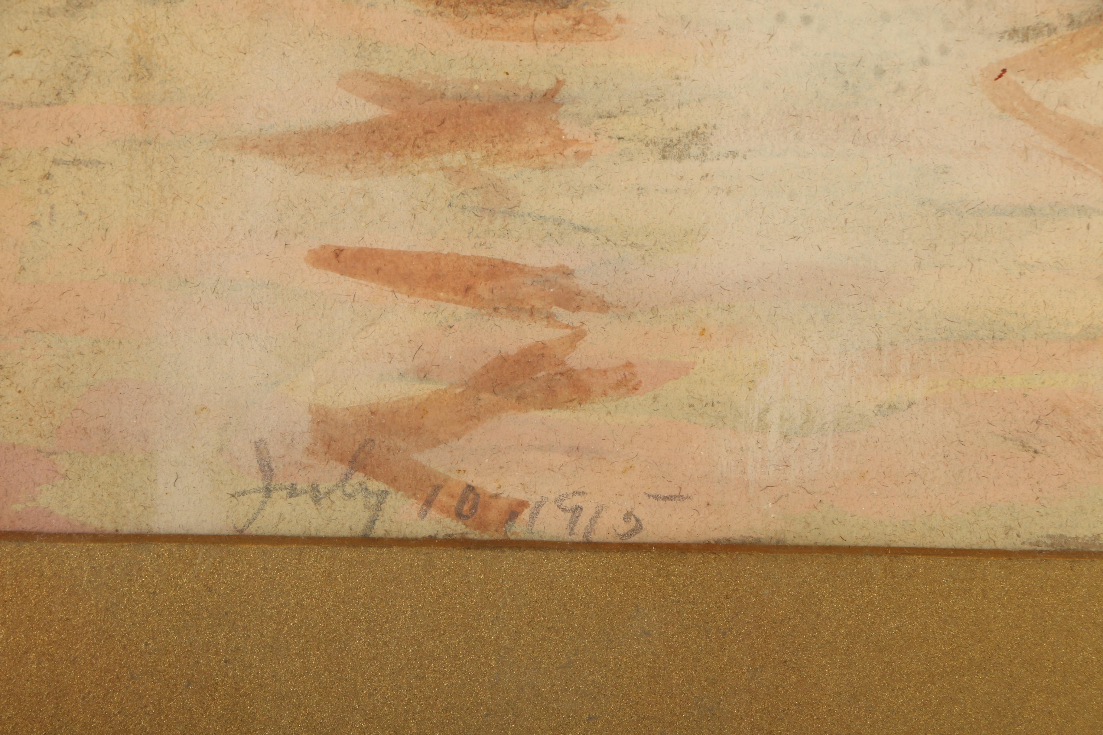 1915 Maritime Landscape Gouache Painting on Paper of Junk Ships at Twilight