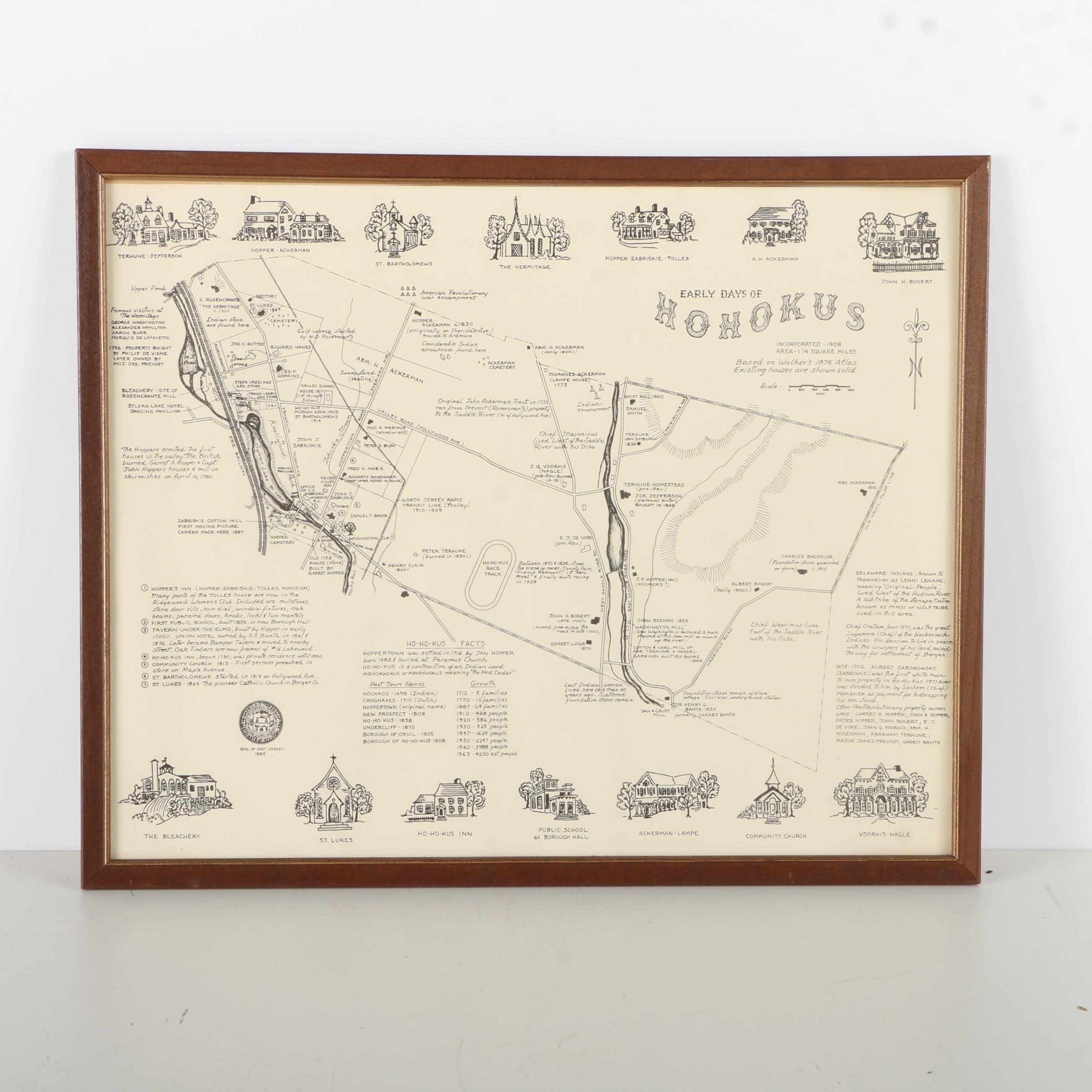Framed Lithograph Informational Map "Early Days of Ho-Ho-Kus"