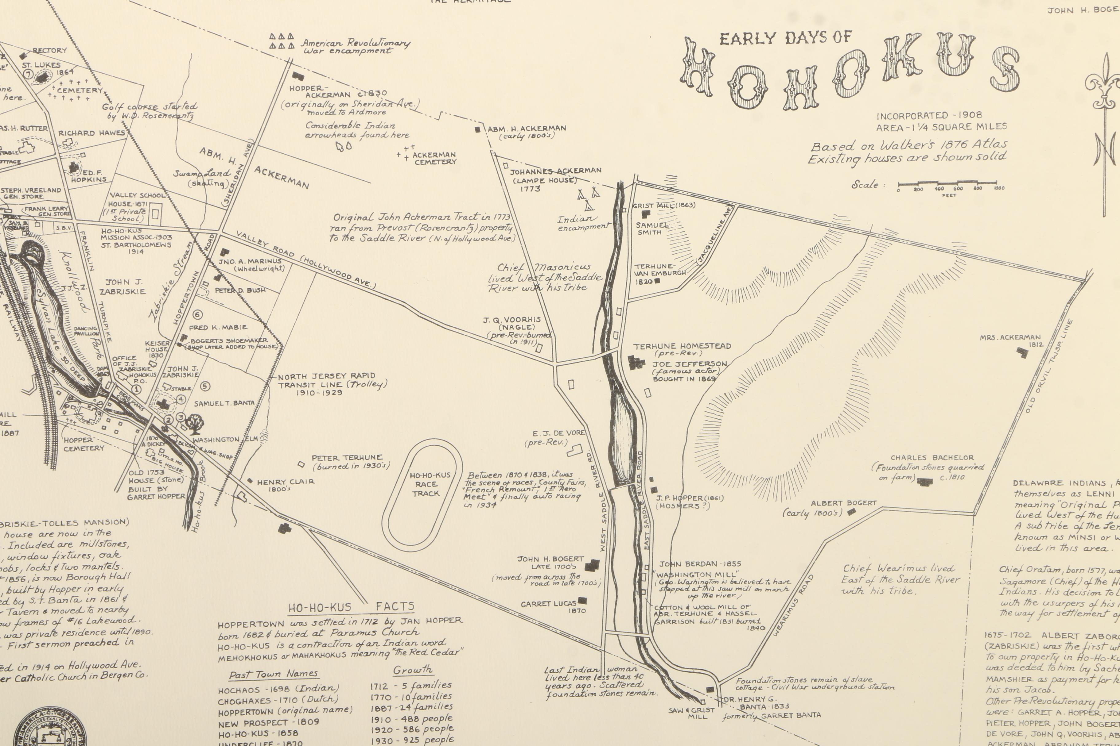 Framed Lithograph Informational Map "Early Days of Ho-Ho-Kus"