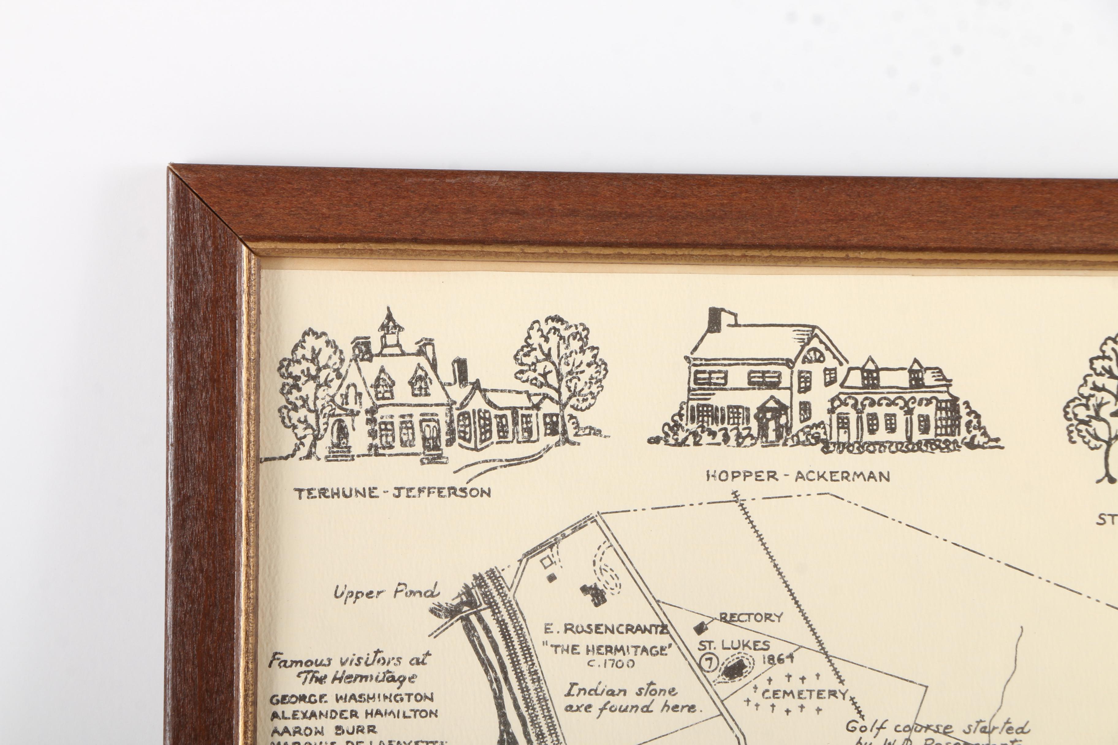 Framed Lithograph Informational Map "Early Days of Ho-Ho-Kus"