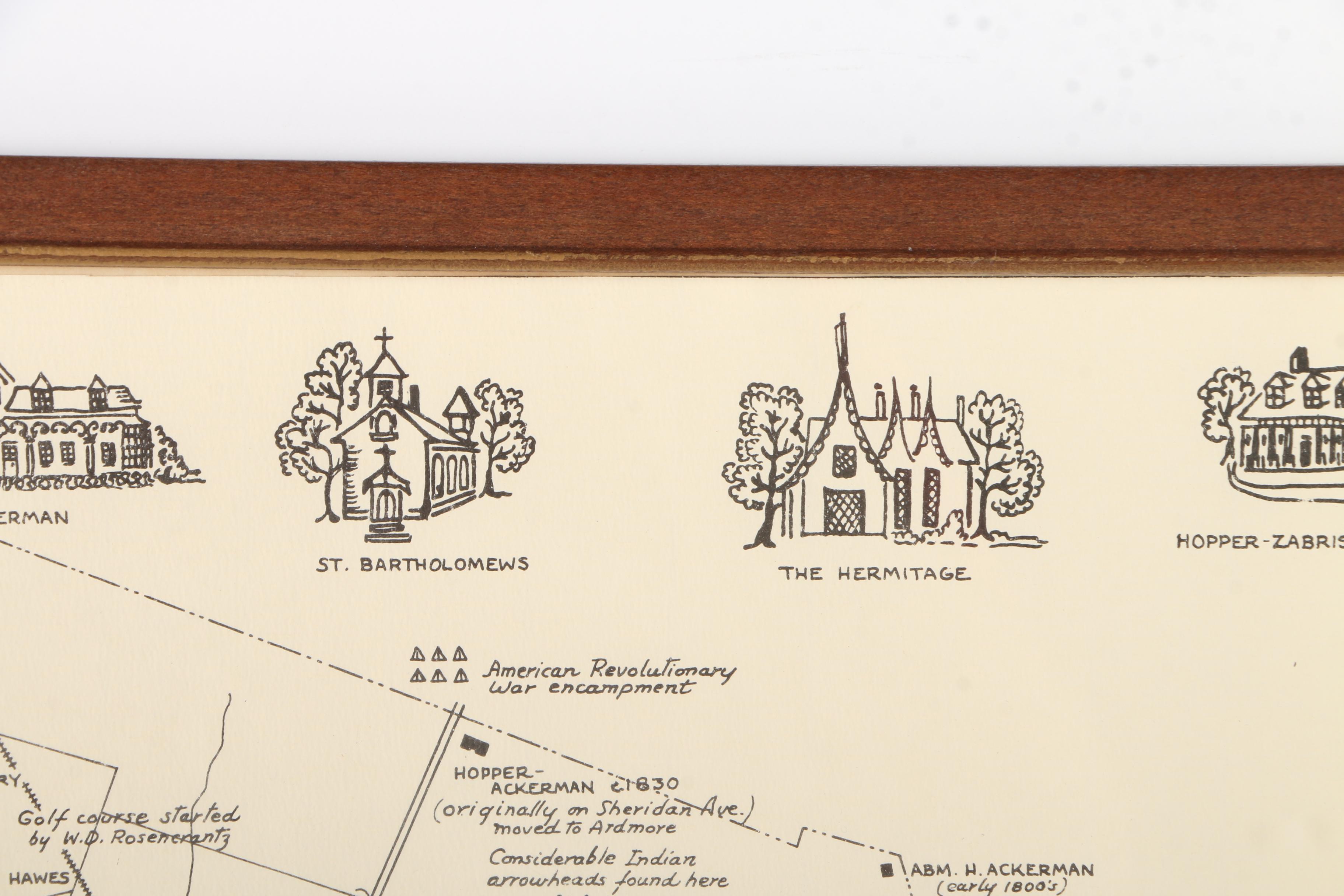 Framed Lithograph Informational Map "Early Days of Ho-Ho-Kus"