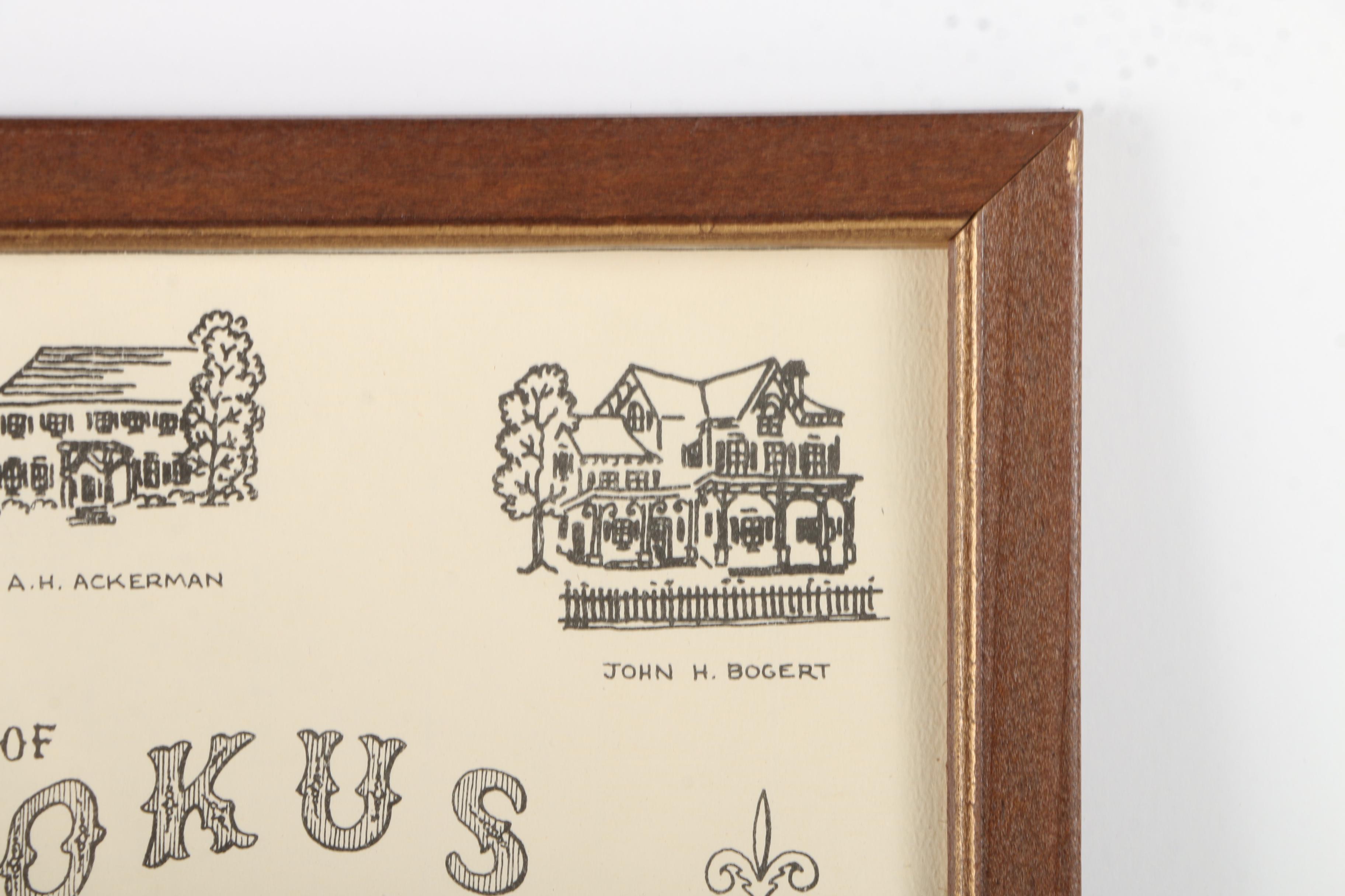 Framed Lithograph Informational Map "Early Days of Ho-Ho-Kus"