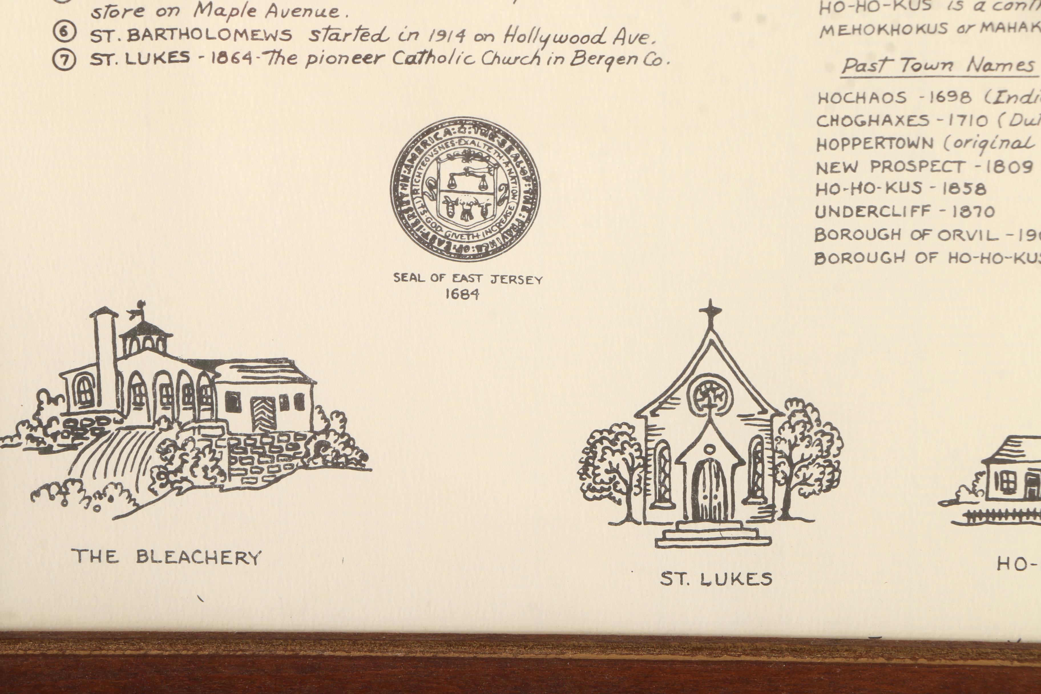 Framed Lithograph Informational Map "Early Days of Ho-Ho-Kus"