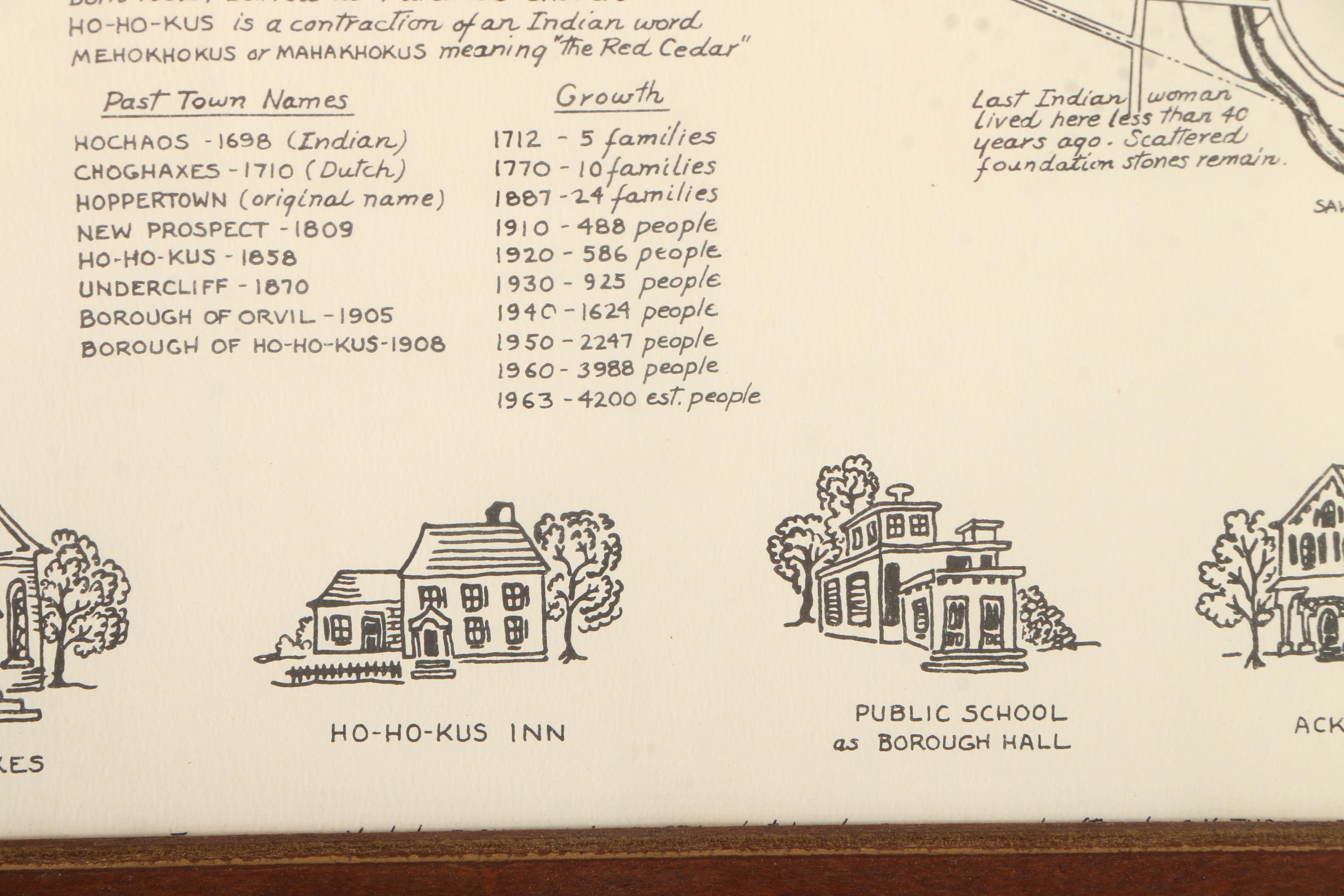 Framed Lithograph Informational Map "Early Days of Ho-Ho-Kus"