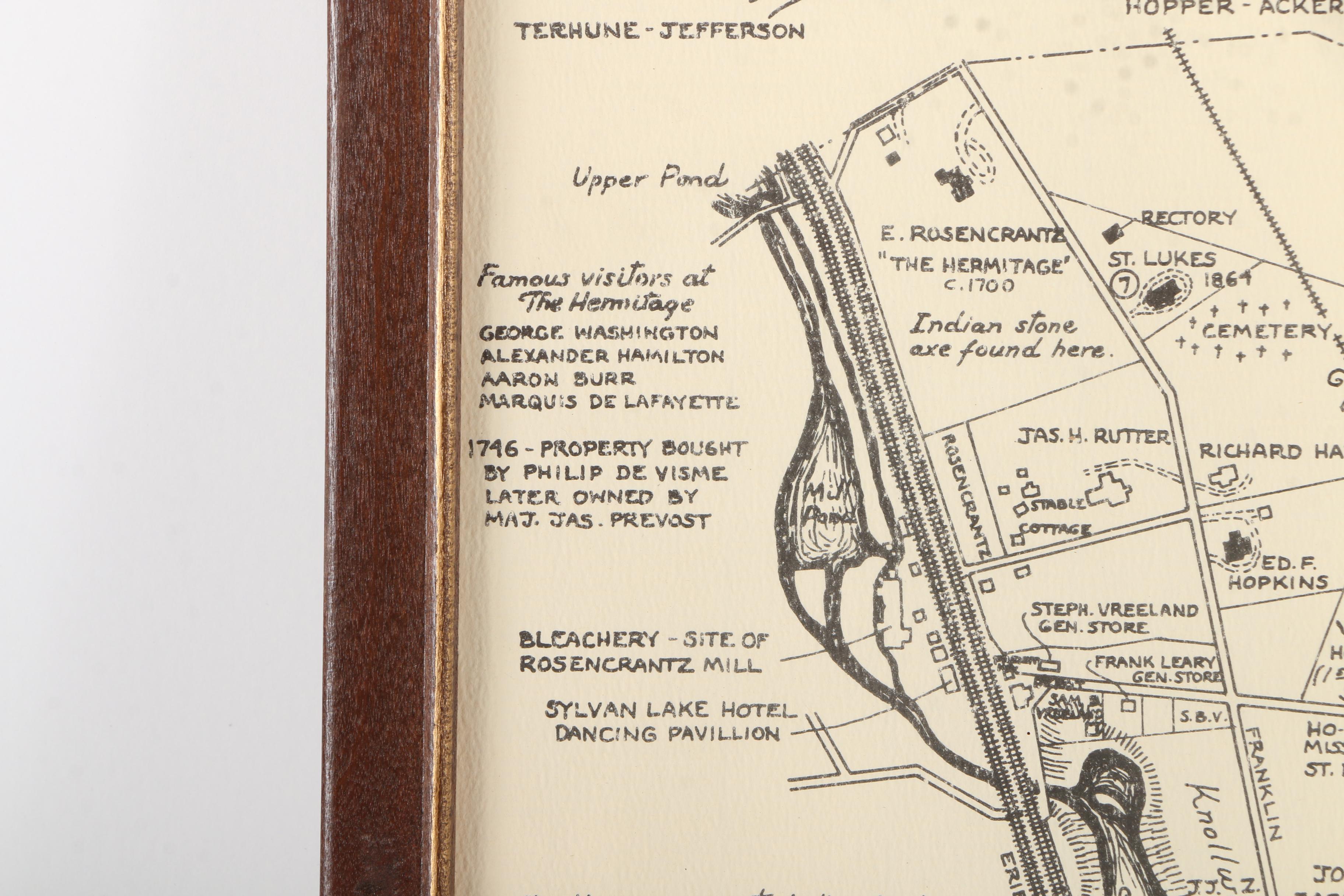 Framed Lithograph Informational Map "Early Days of Ho-Ho-Kus"