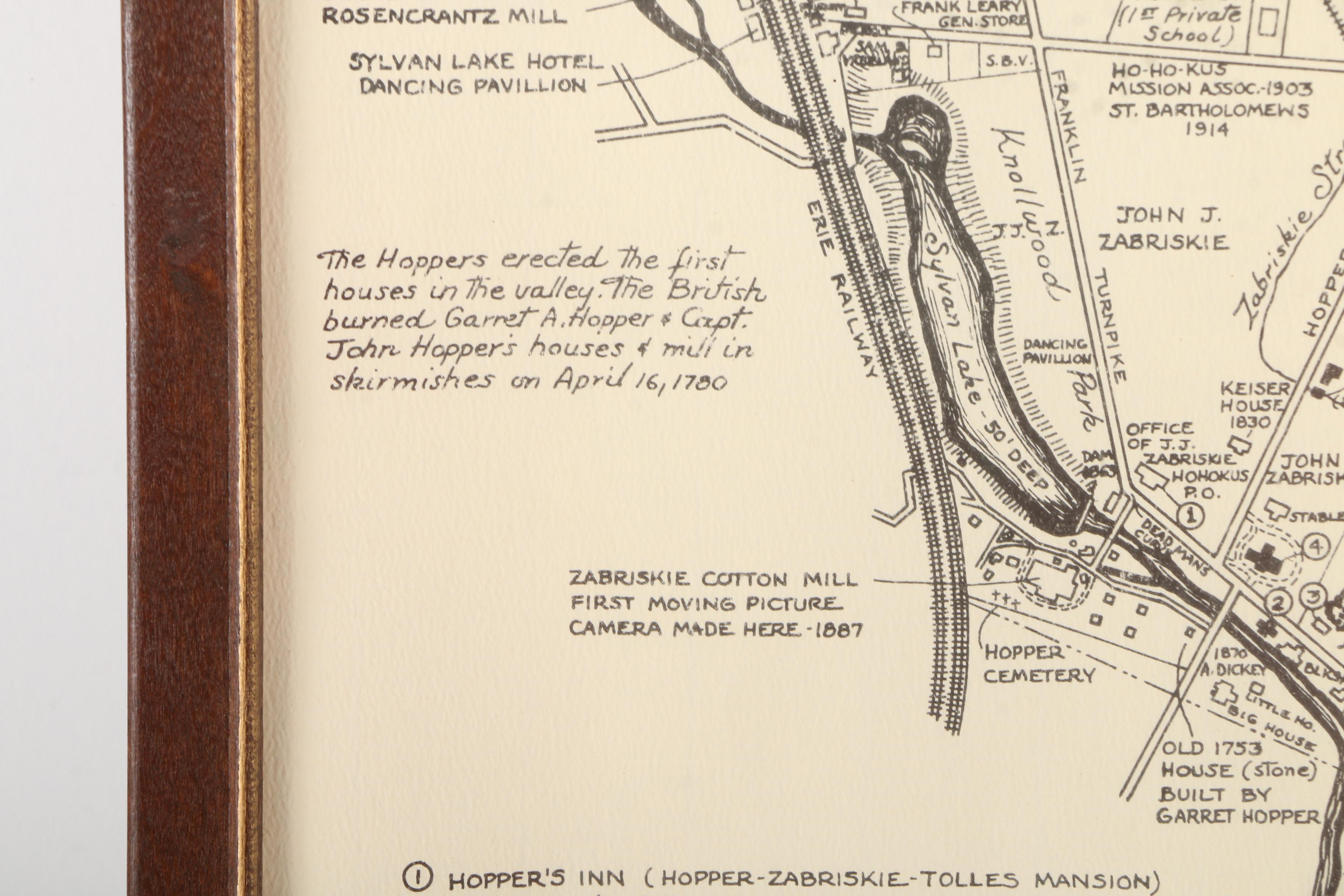 Framed Lithograph Informational Map "Early Days of Ho-Ho-Kus"