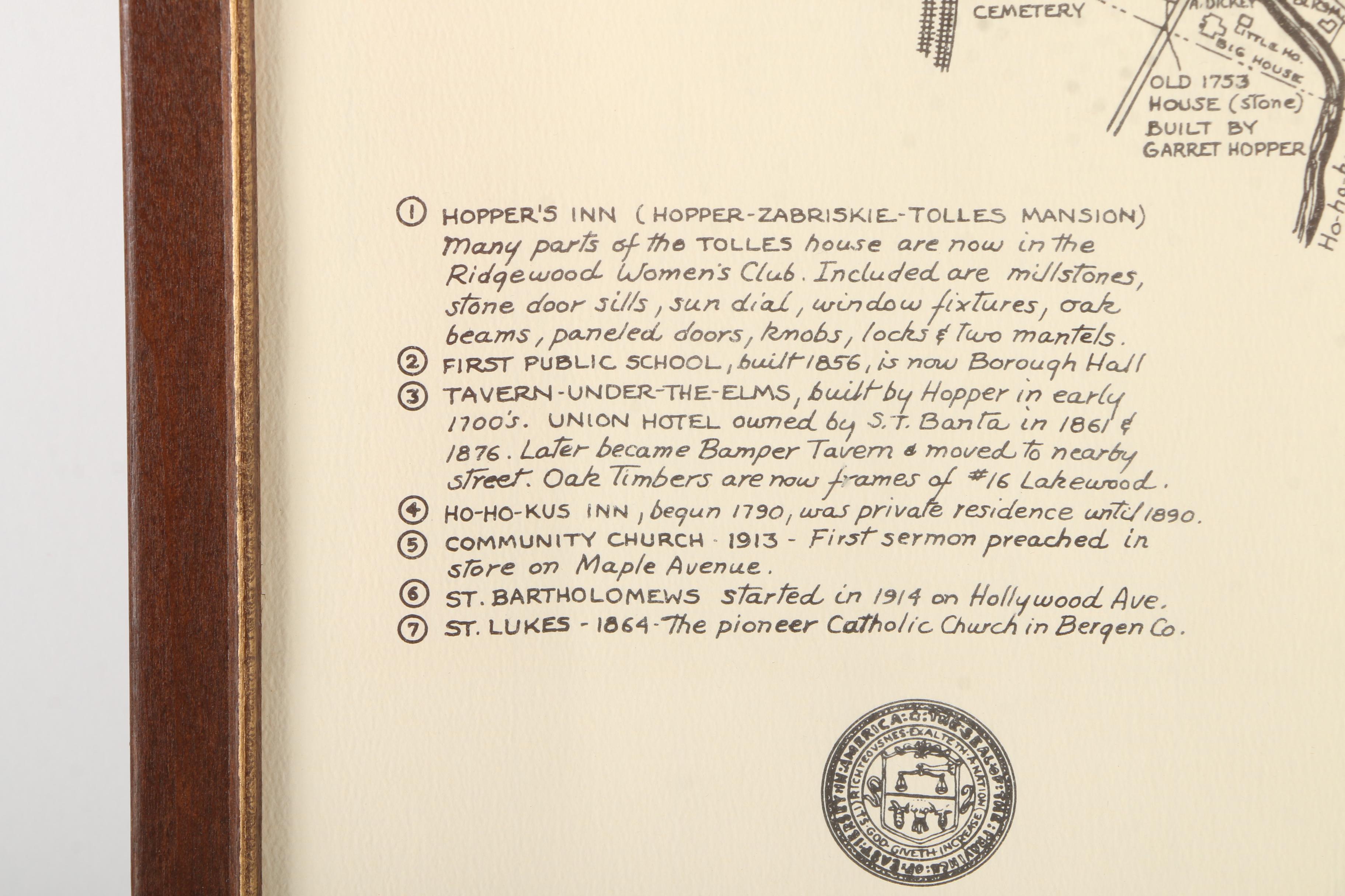Framed Lithograph Informational Map "Early Days of Ho-Ho-Kus"