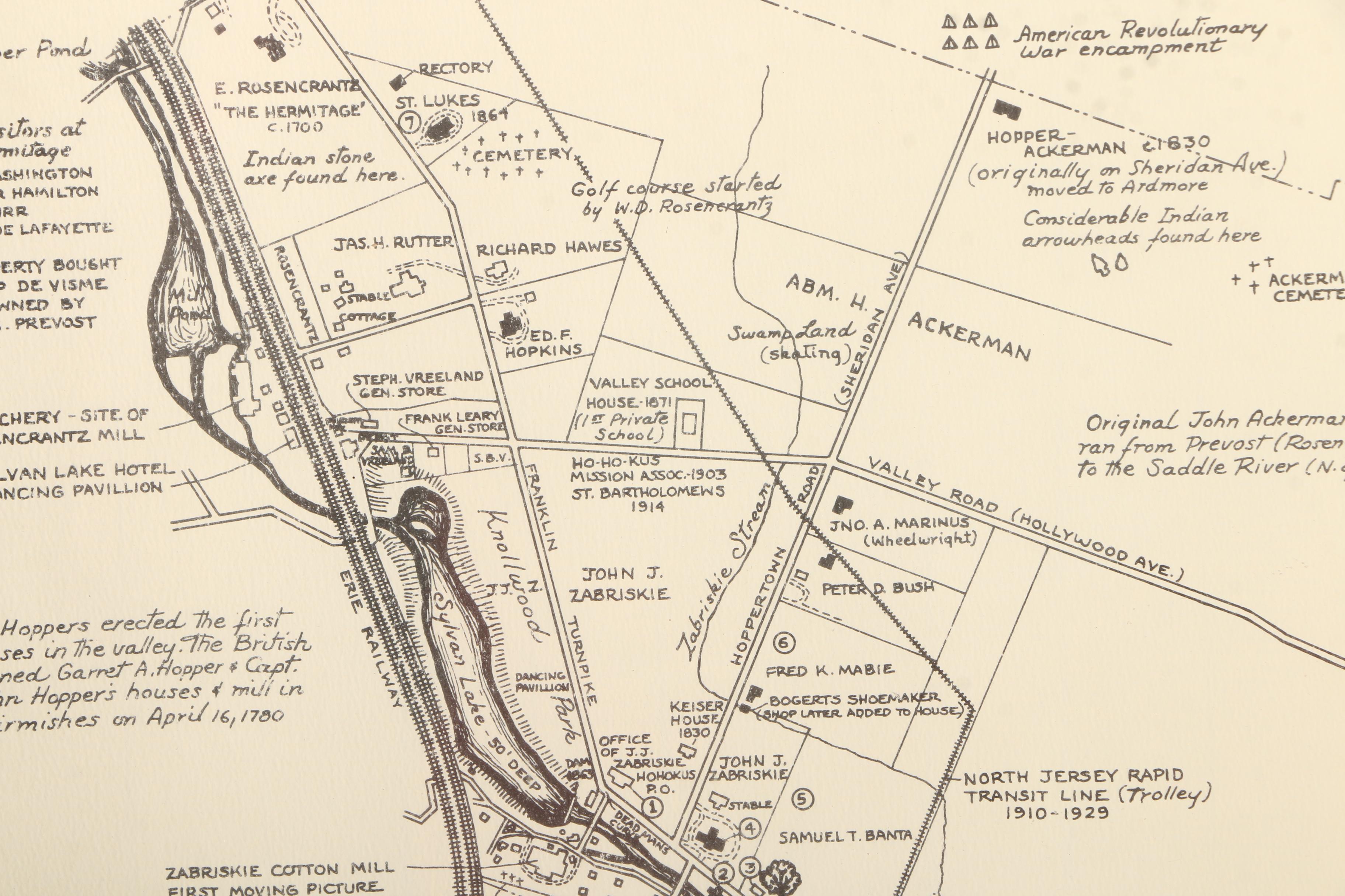 Framed Lithograph Informational Map "Early Days of Ho-Ho-Kus"