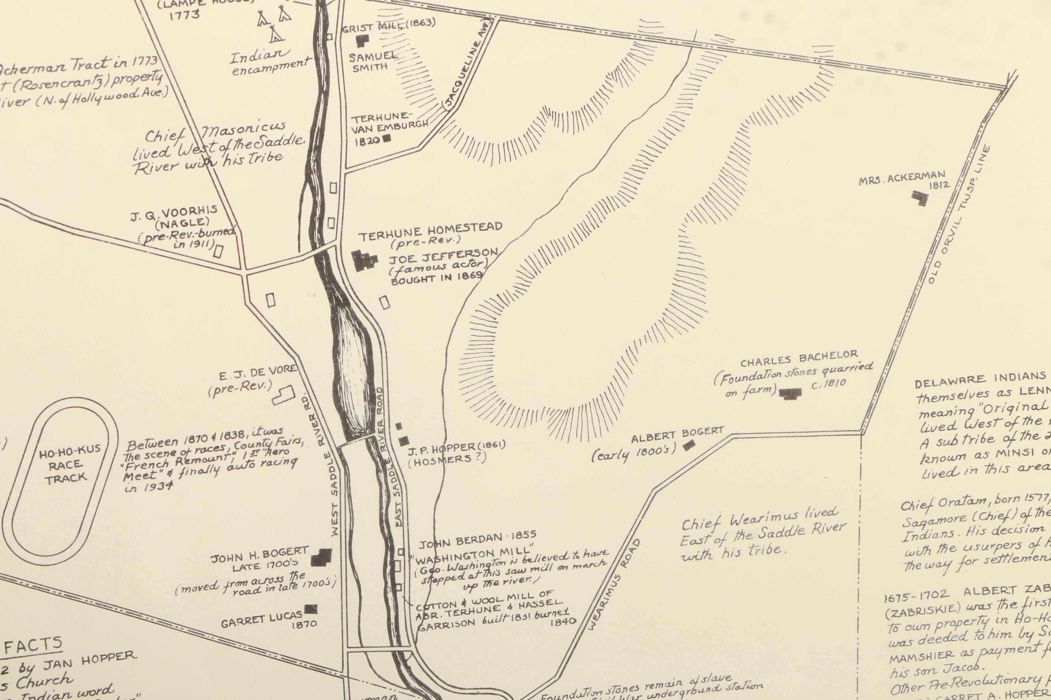 Framed Lithograph Informational Map "Early Days of Ho-Ho-Kus"