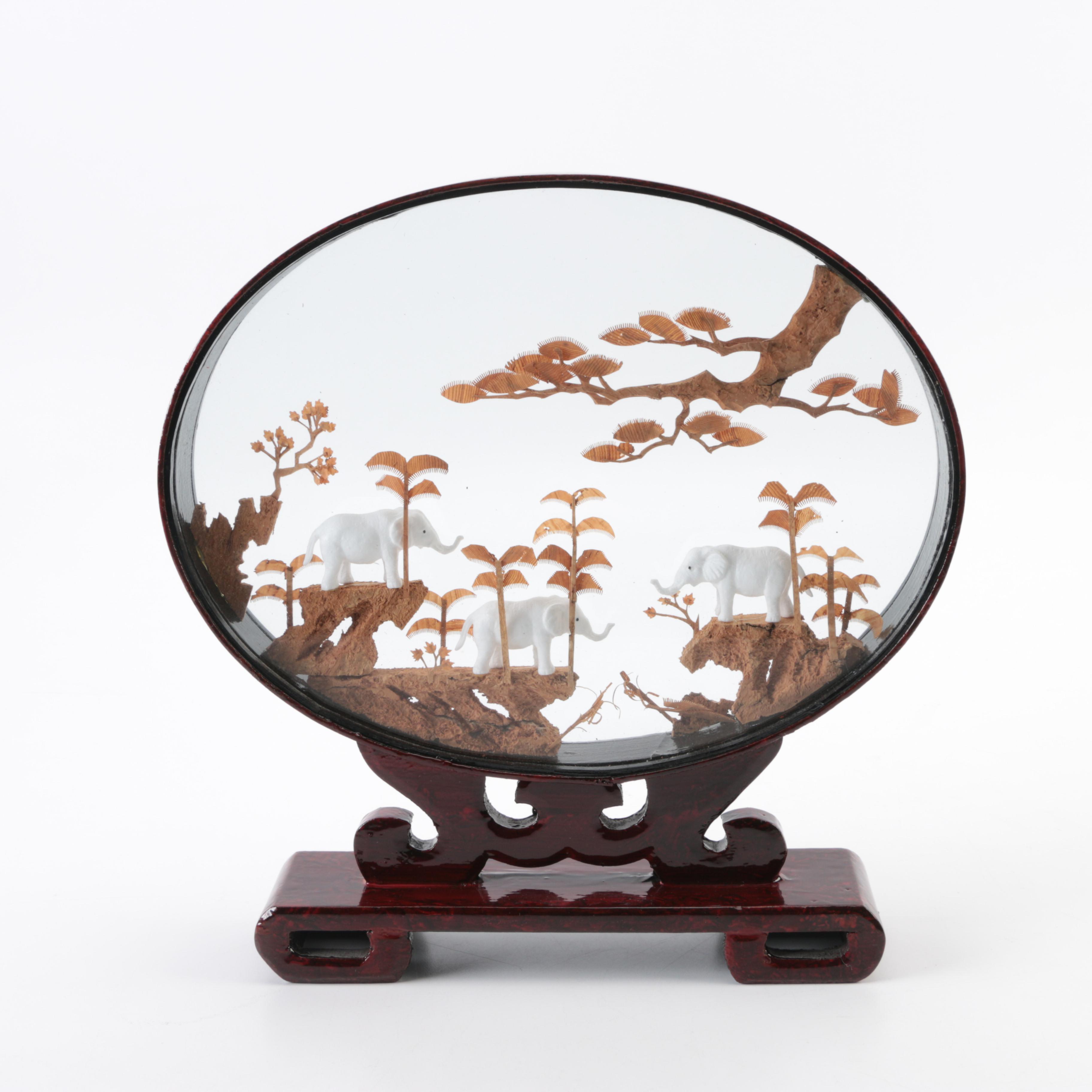 Chinese Oval Wood Framed Carved Cork Diorama