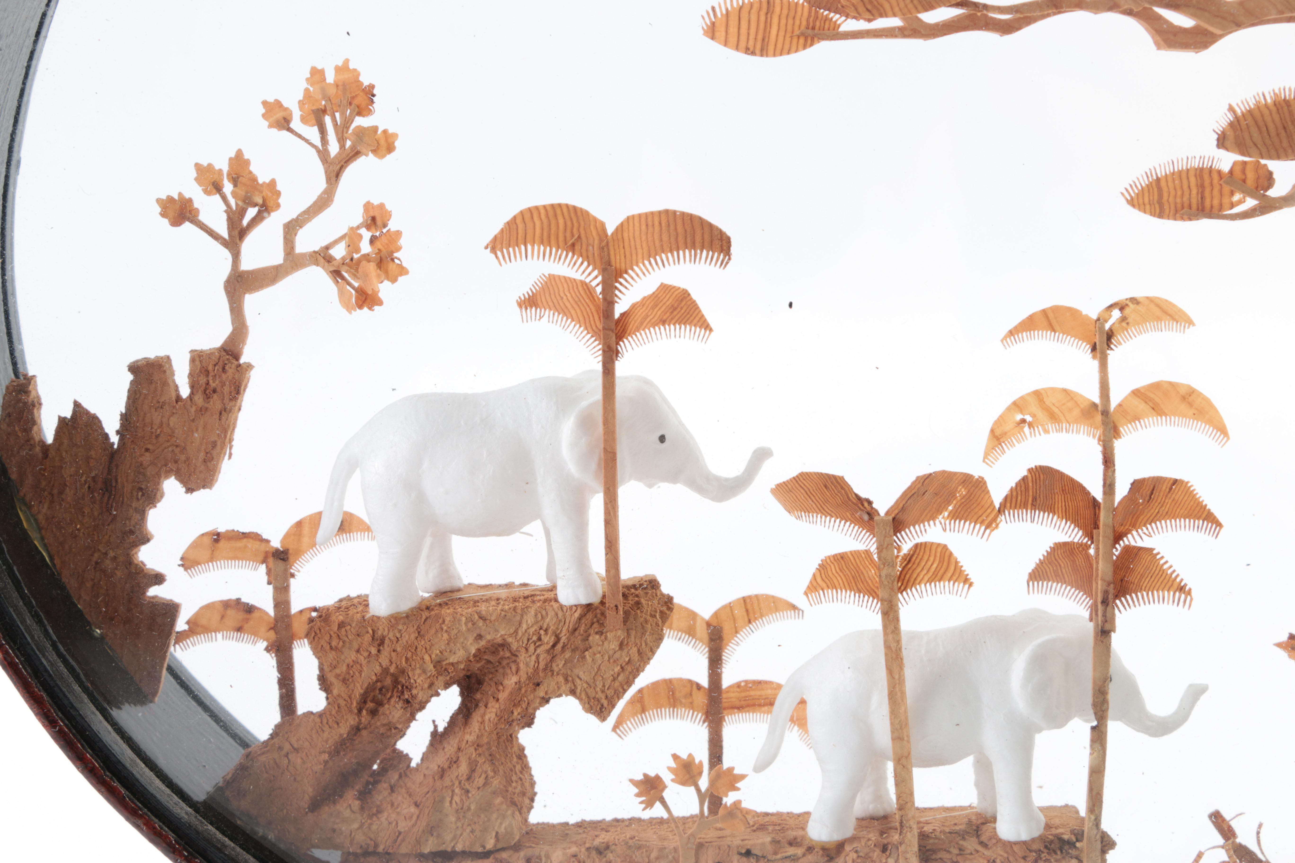 Chinese Oval Wood Framed Carved Cork Diorama