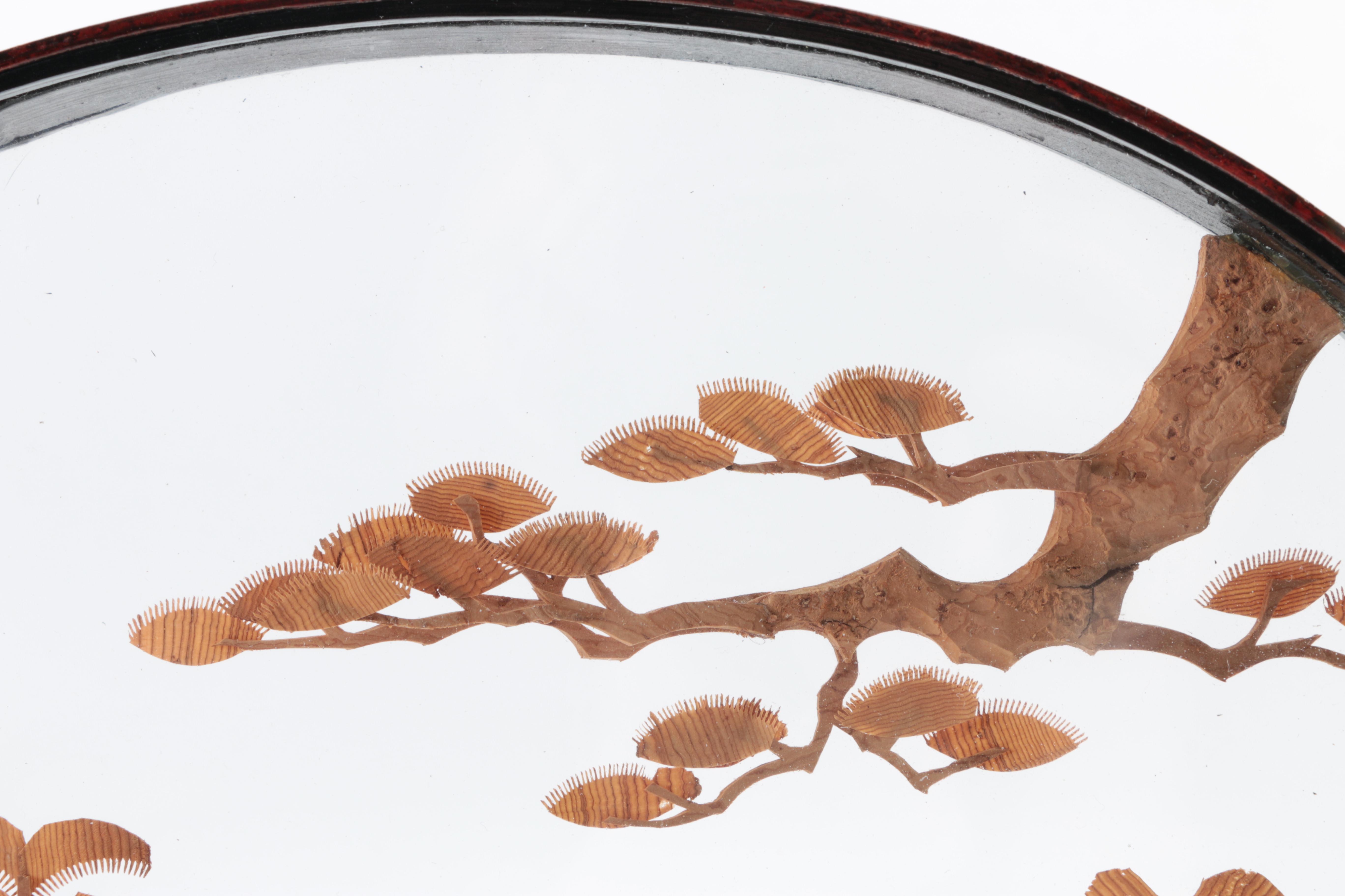 Chinese Oval Wood Framed Carved Cork Diorama