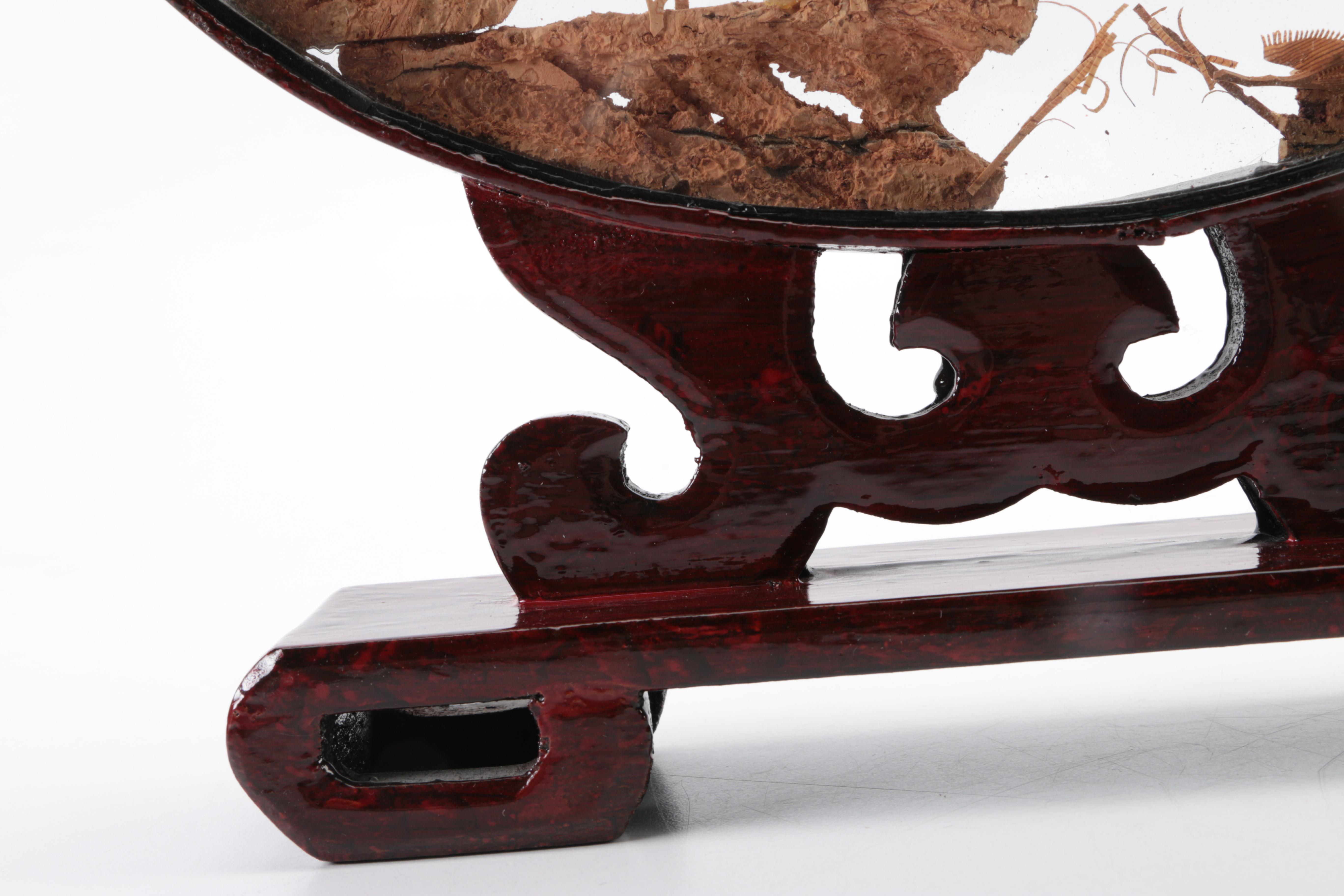 Chinese Oval Wood Framed Carved Cork Diorama