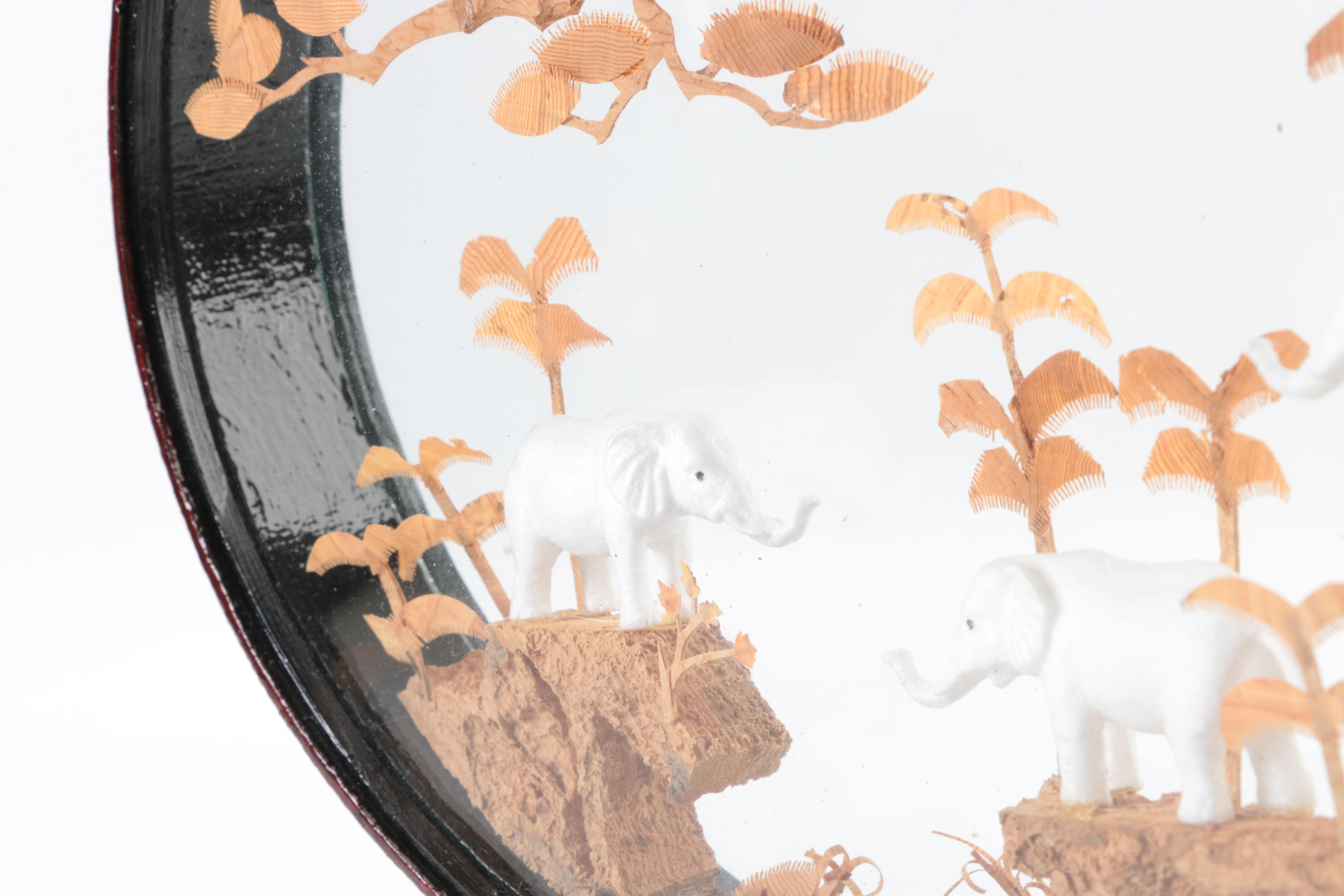 Chinese Oval Wood Framed Carved Cork Diorama