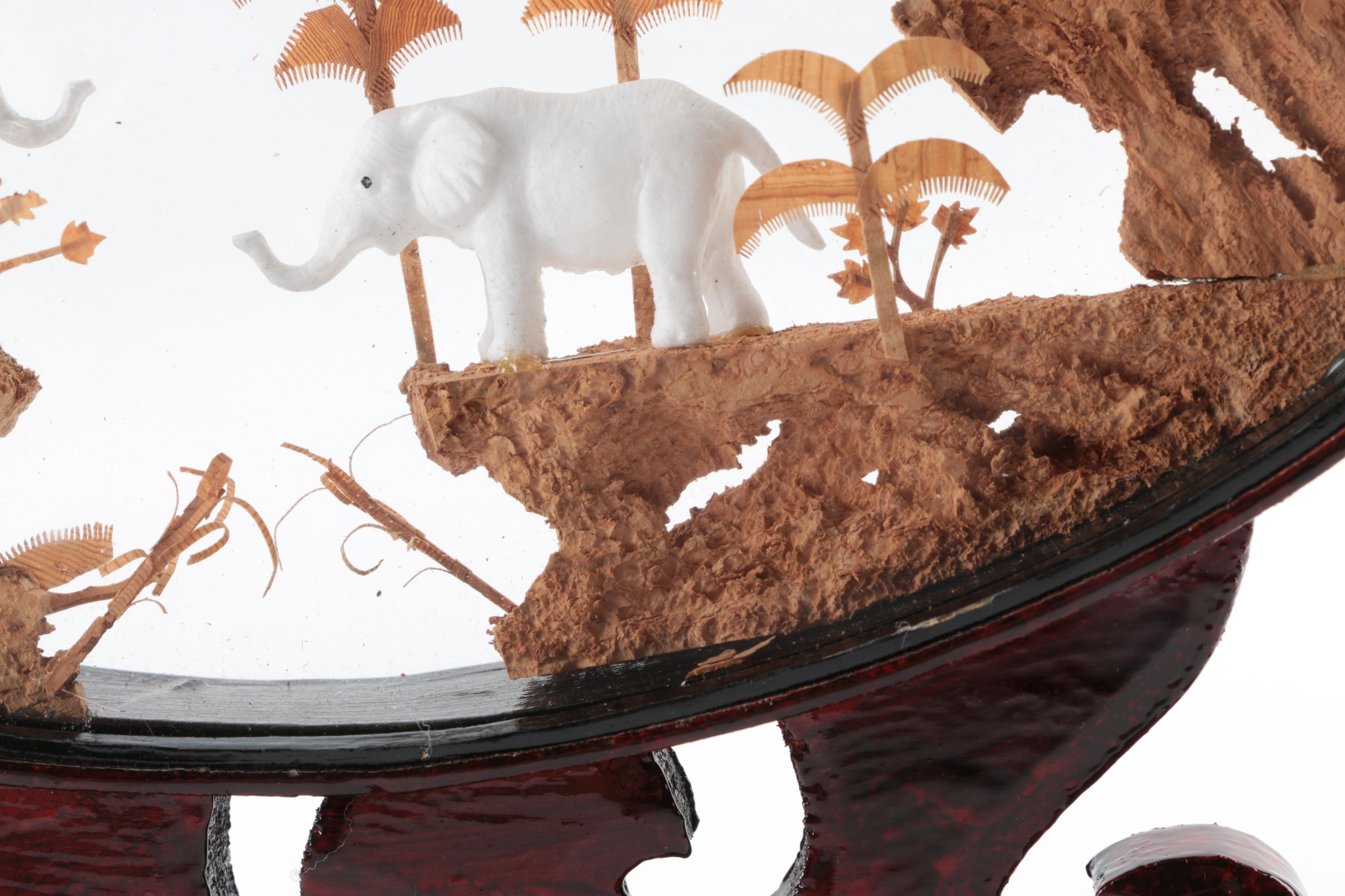 Chinese Oval Wood Framed Carved Cork Diorama