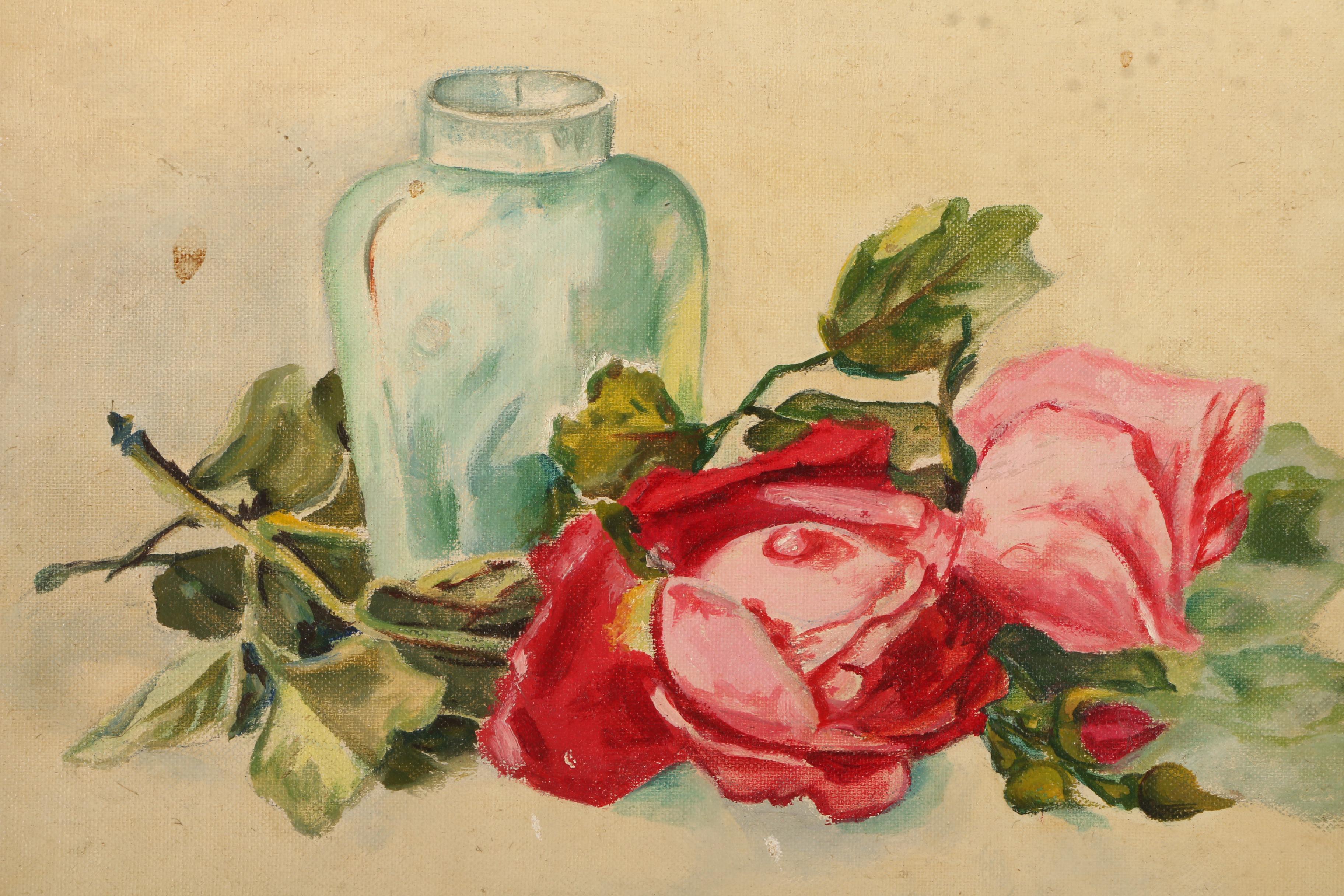 D.E. Acrylic Painting on Canvas Board of Still Life With Roses