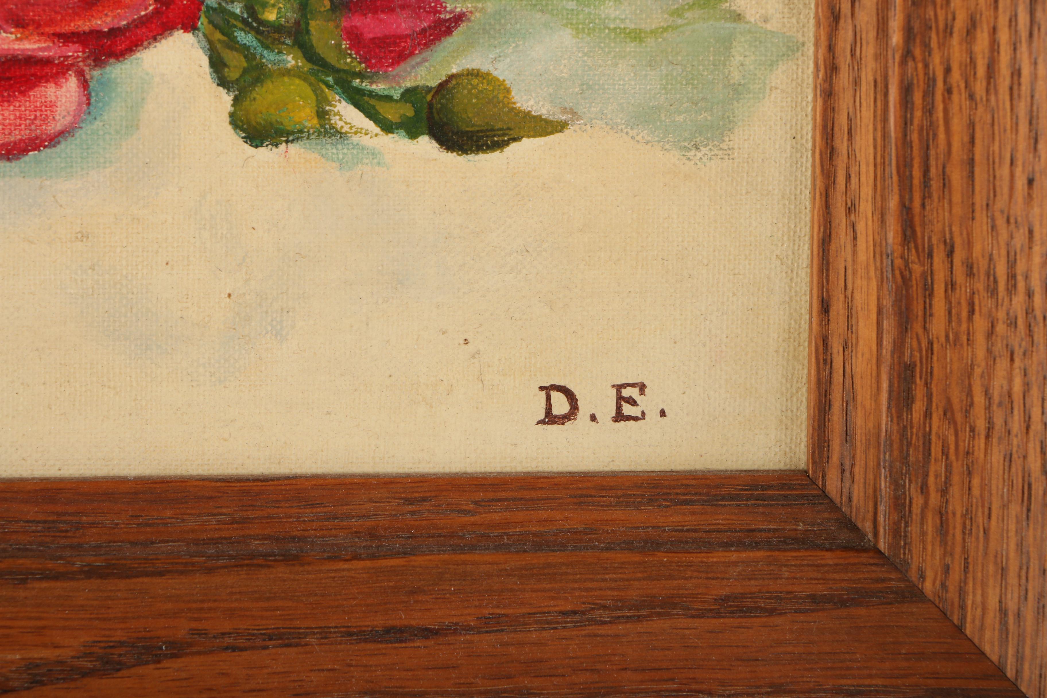 D.E. Acrylic Painting on Canvas Board of Still Life With Roses