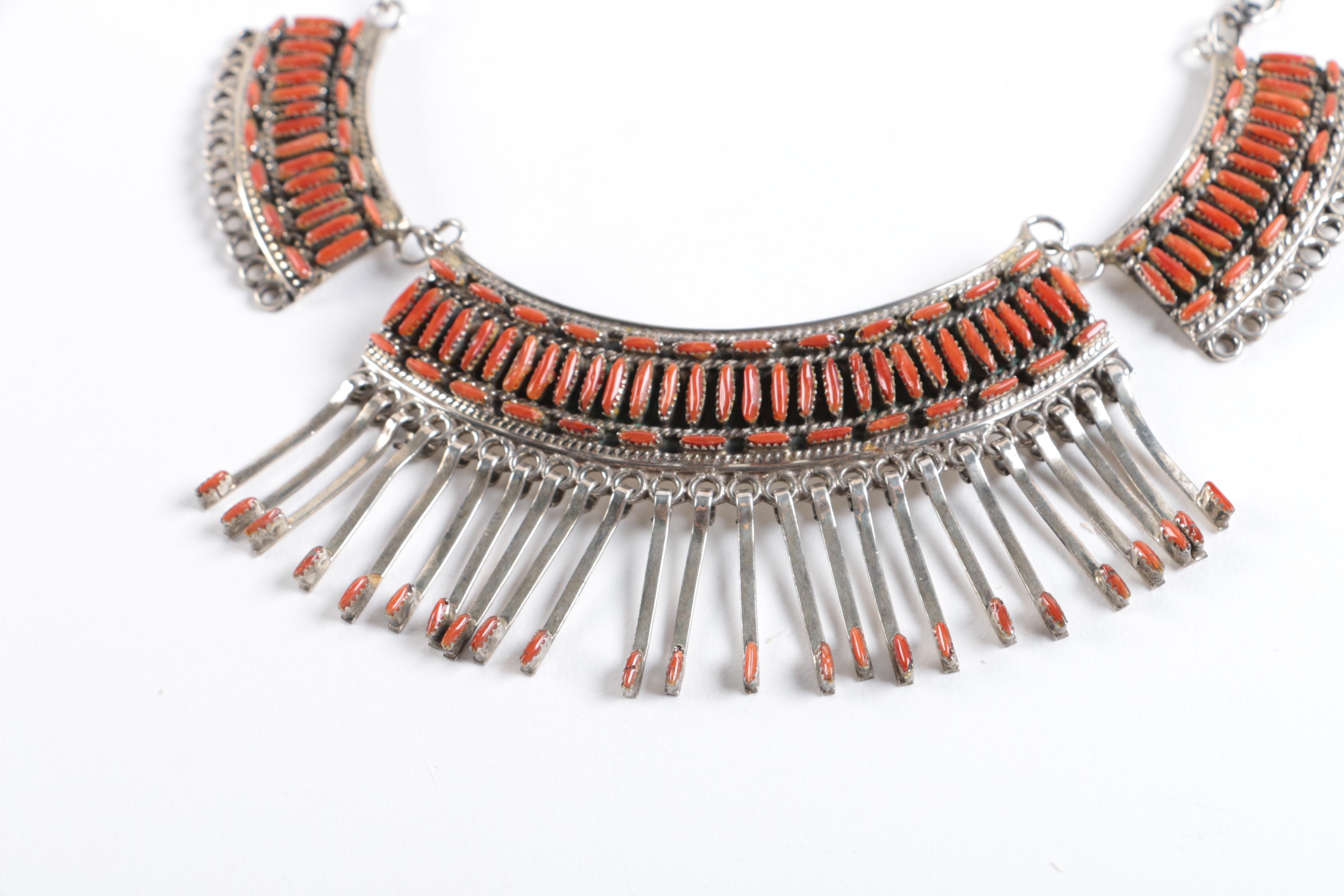 Sterling Silver and Coral Needlepoint Necklace