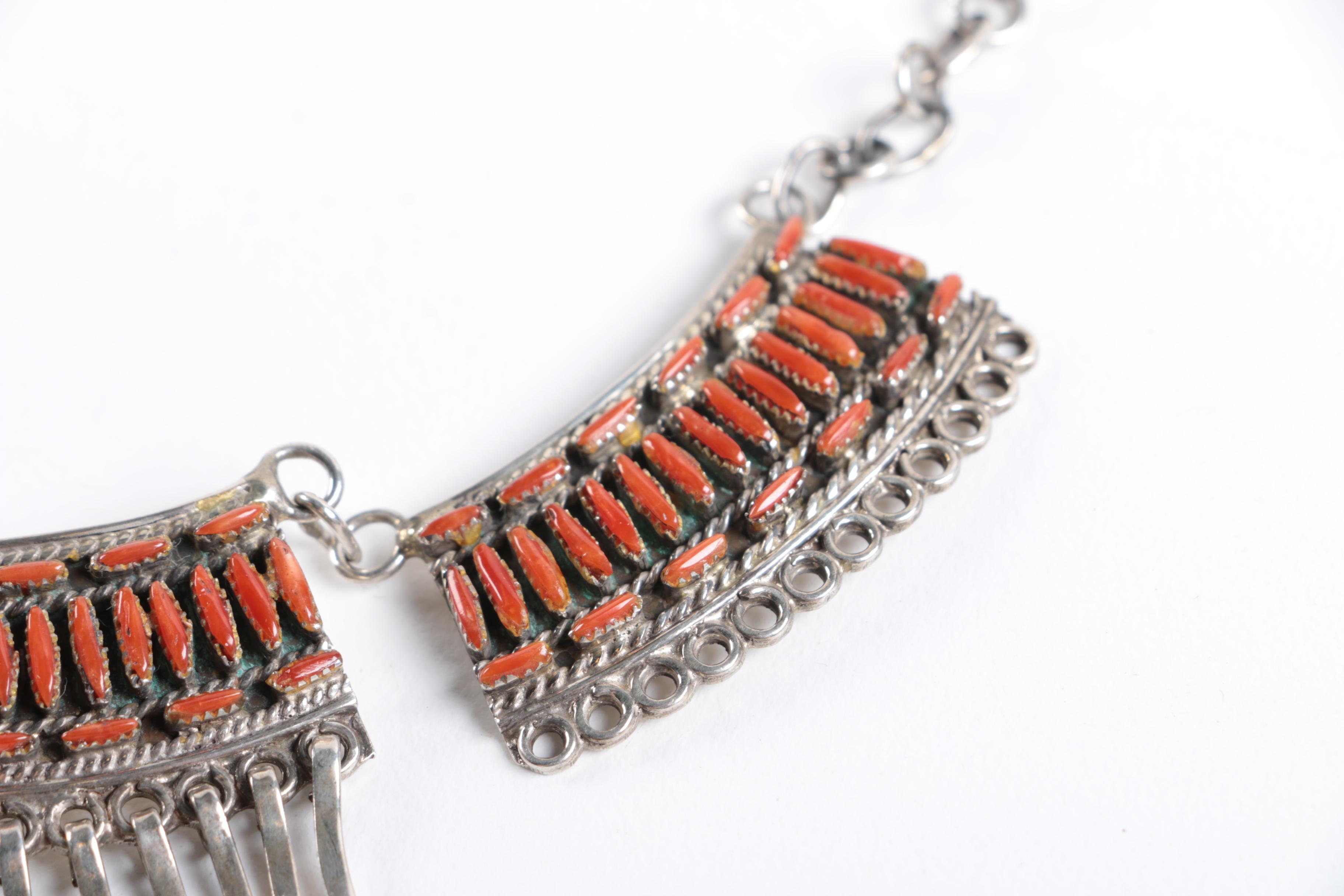 Sterling Silver and Coral Needlepoint Necklace