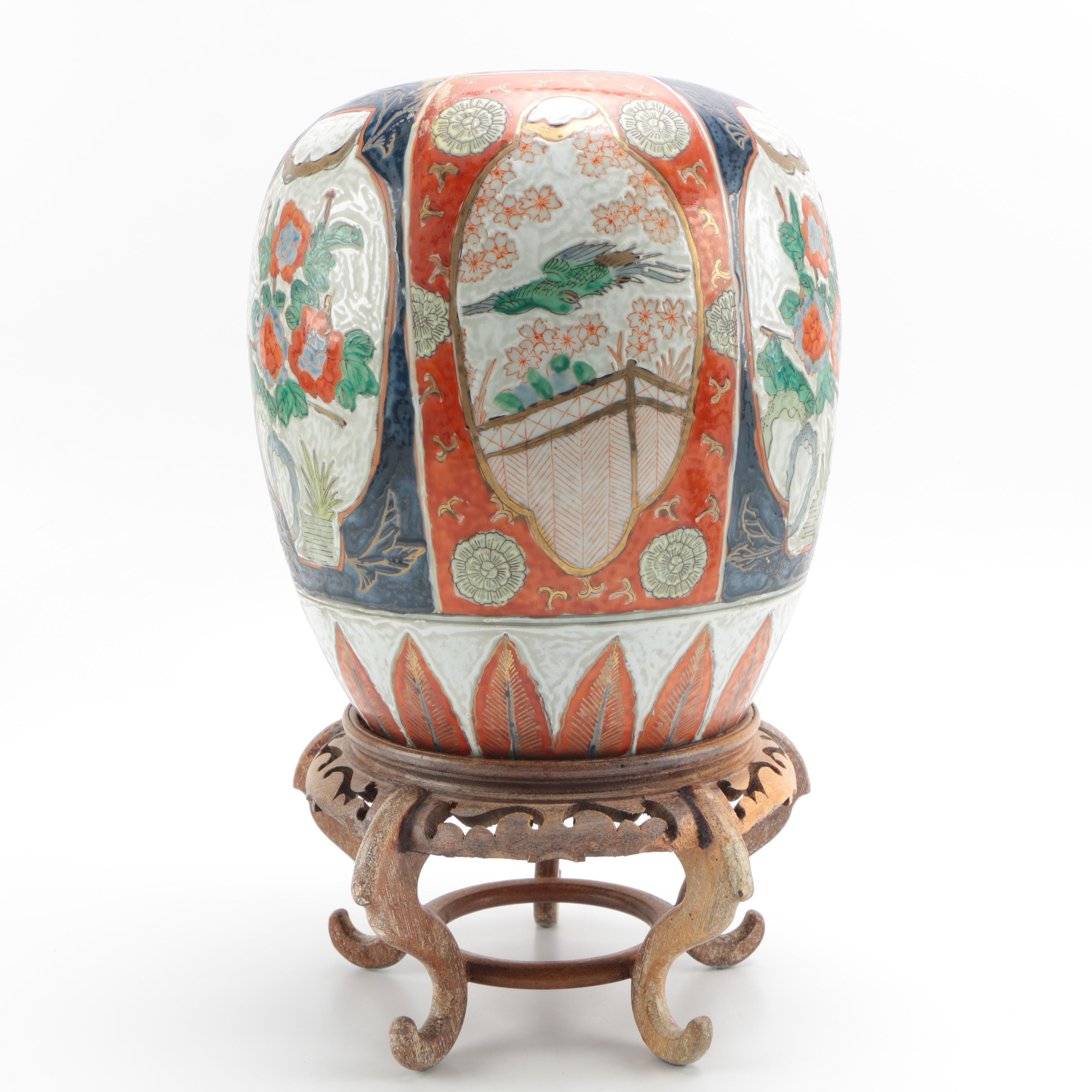 East Asian Urn Planter with Wooden Stand