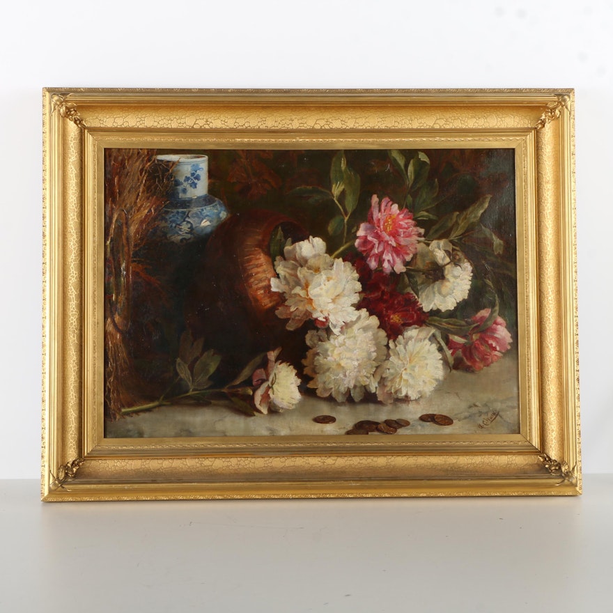 A.C. Warne Still Life Oil Painting on Canvas of Carnations and Pennies
