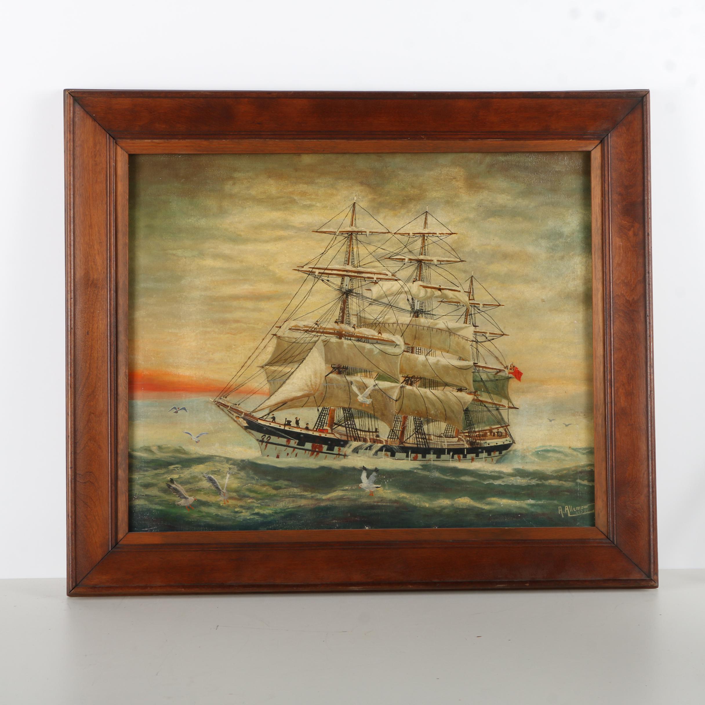August Allemow 1939 Oil Painting on Canvas of Clipper Ship at Sunset