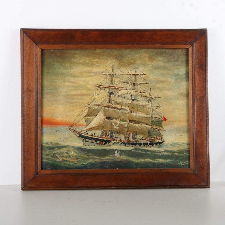 August Allemow 1939 Oil Painting on Canvas of Clipper Ship at Sunset