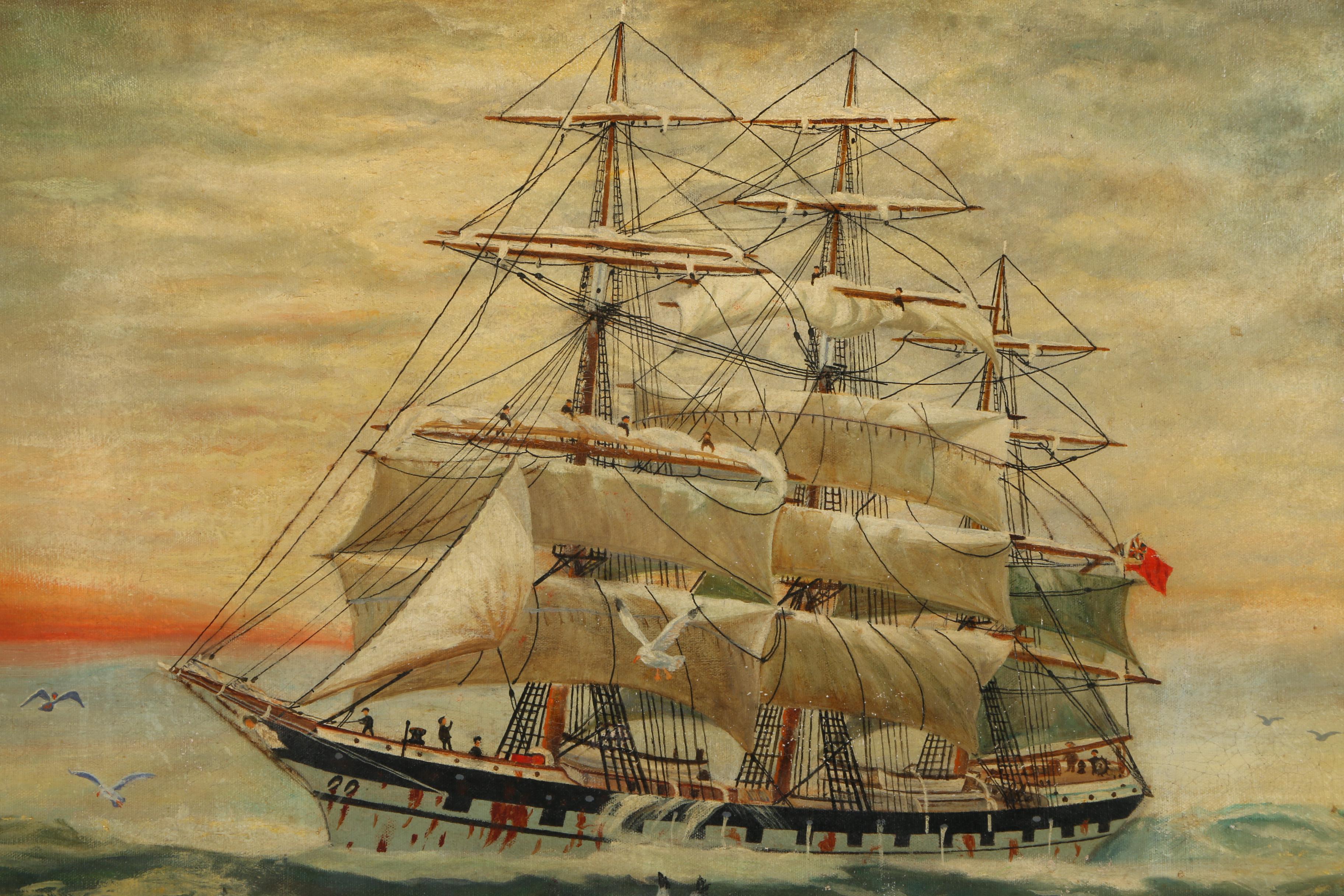 August Allemow 1939 Oil Painting on Canvas of Clipper Ship at Sunset