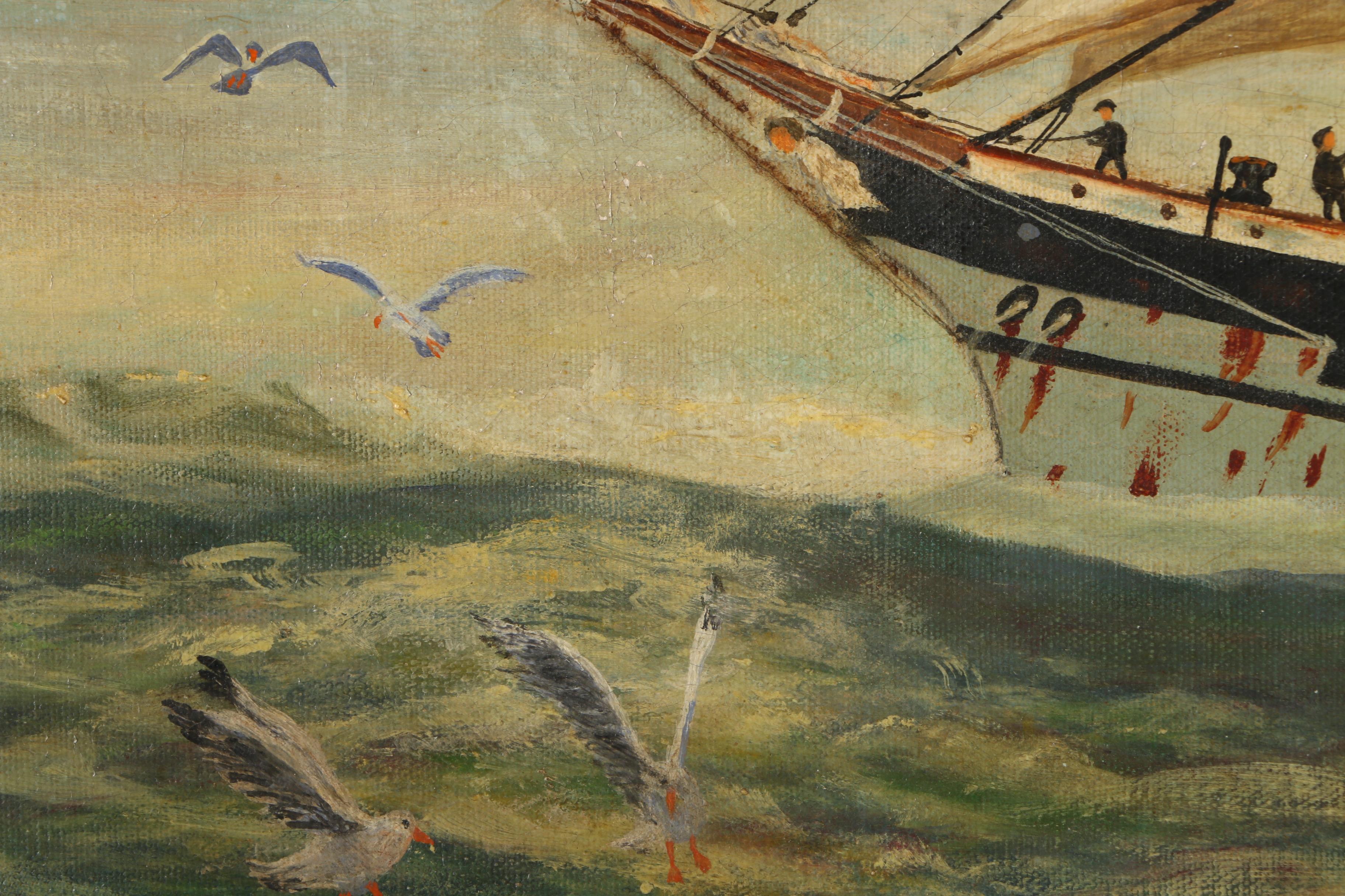 August Allemow 1939 Oil Painting on Canvas of Clipper Ship at Sunset