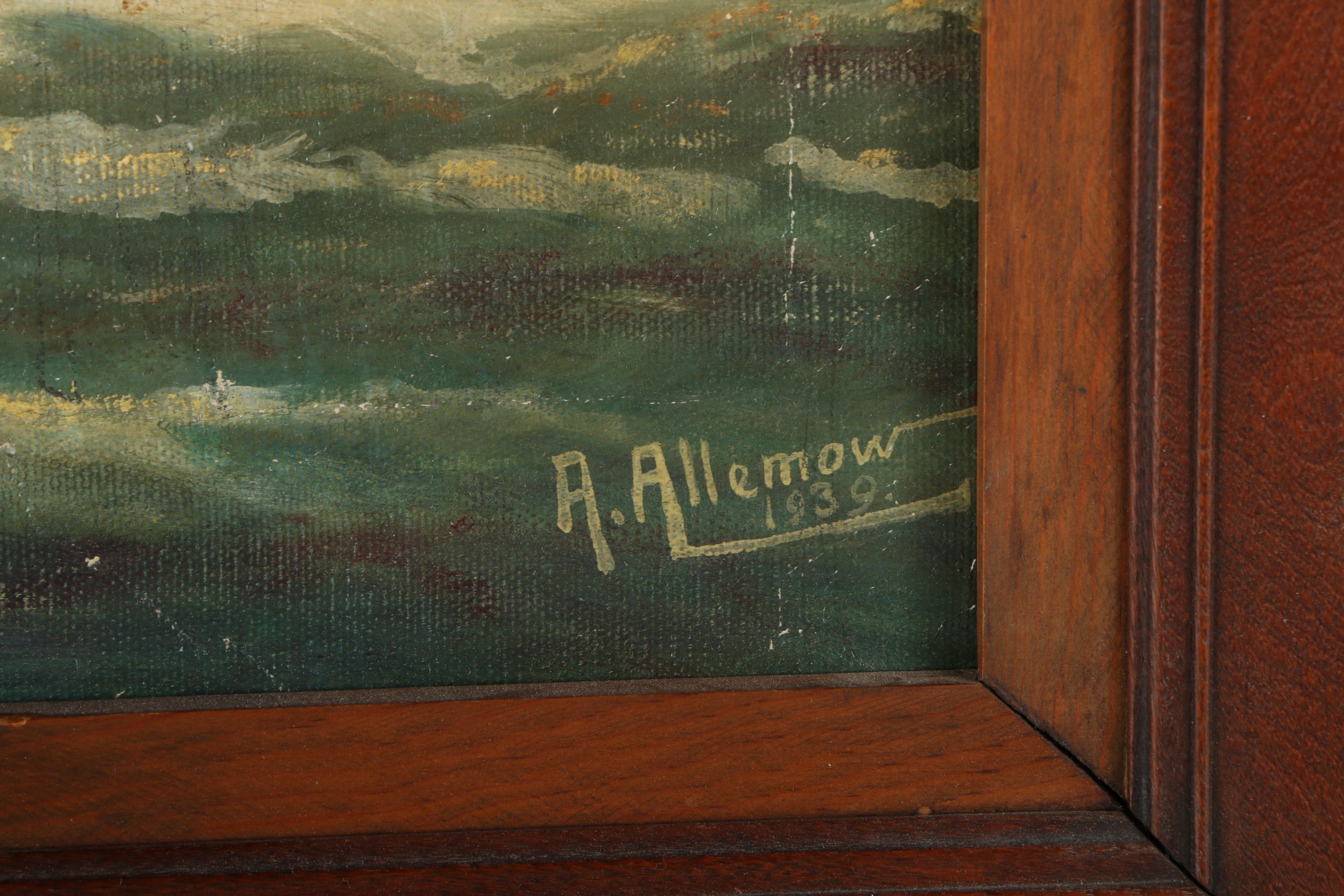 August Allemow 1939 Oil Painting on Canvas of Clipper Ship at Sunset