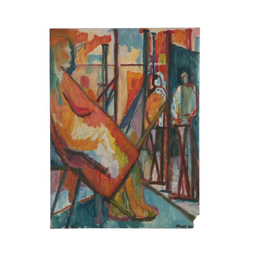 Haley Oil Painting on Board "Seated Nude, Students in Studio"