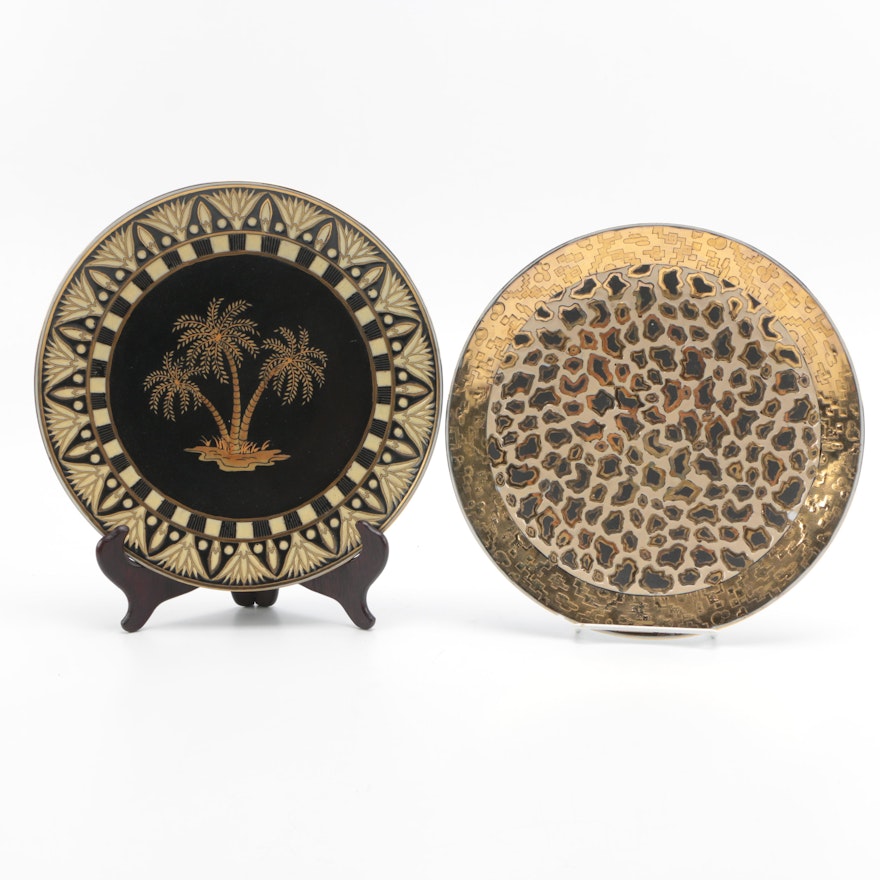 Pair of Palm Tree Decor Ceramic Plates With Wooden Stand