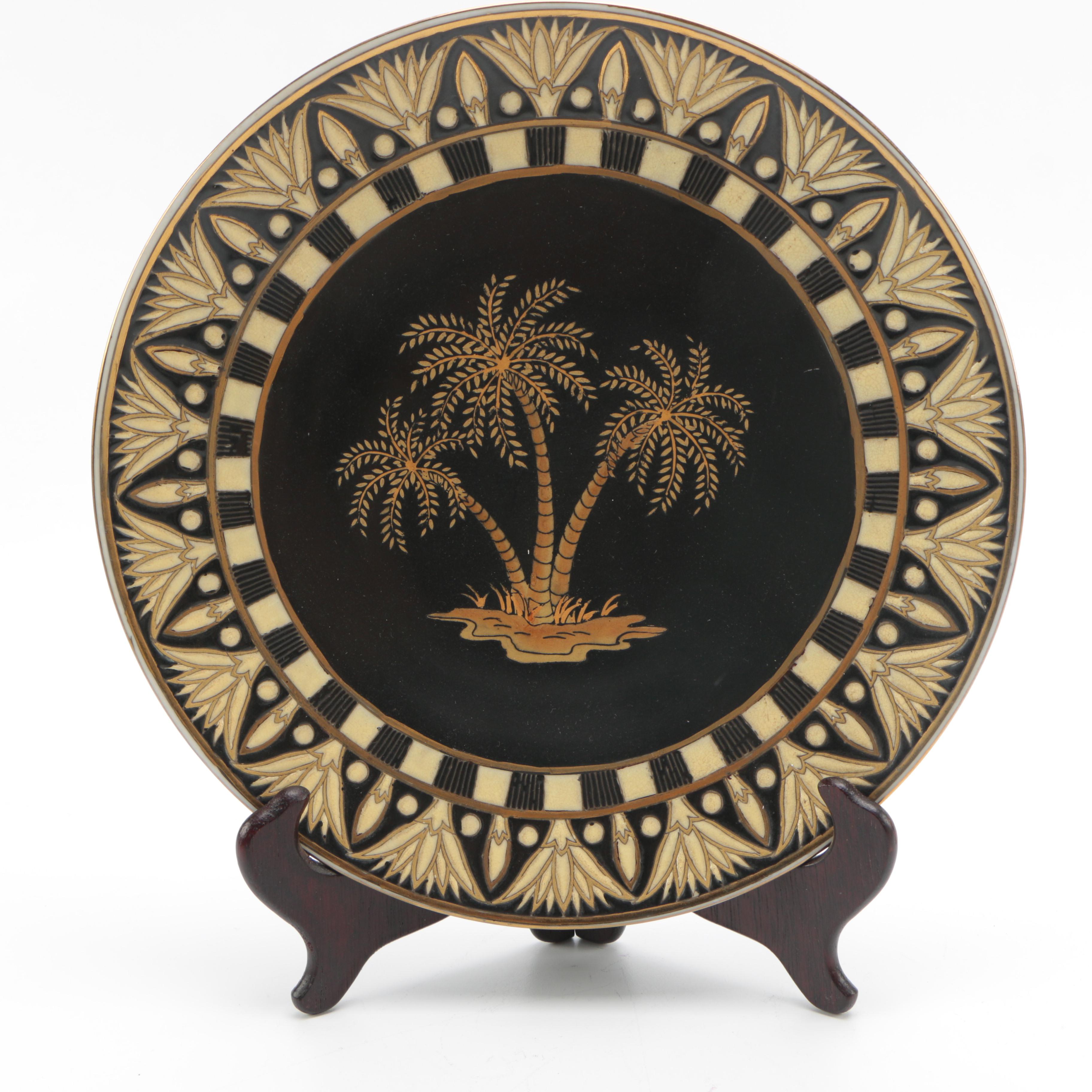 Pair of Palm Tree Decor Ceramic Plates With Wooden Stand
