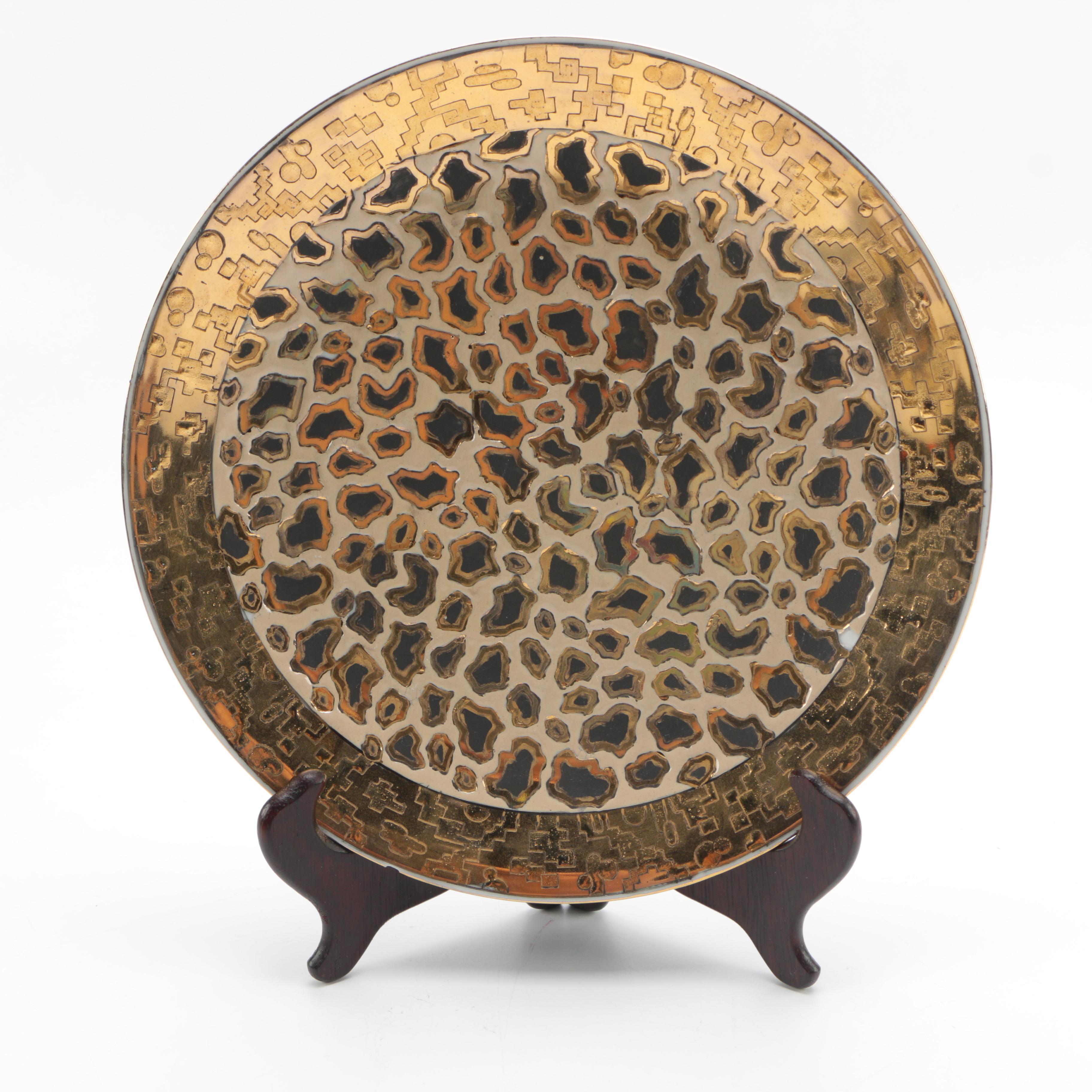 Pair of Palm Tree Decor Ceramic Plates With Wooden Stand